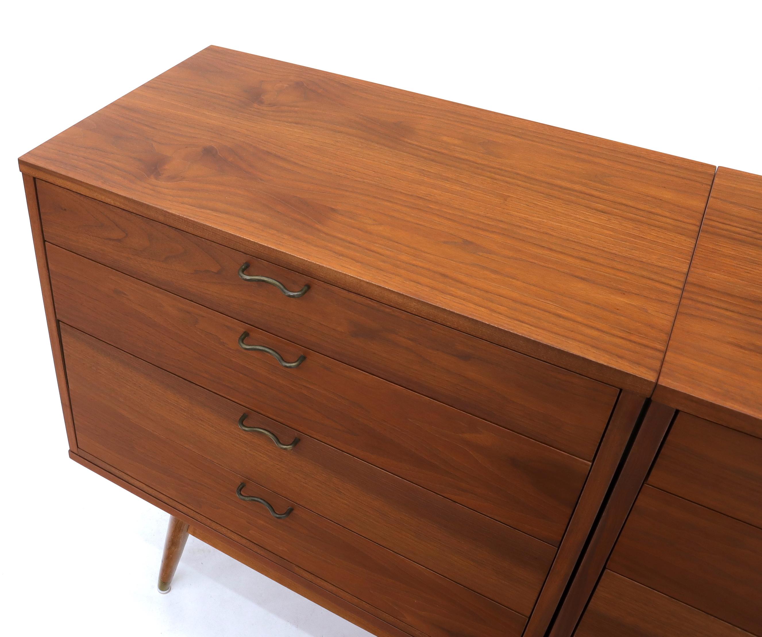 Three Pcs Mid-Century Modern Oiled Walnut Chest Dresser Credenza w/ Waive Pulls  For Sale 3