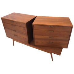 Three Pcs Mid-Century Modern Oiled Walnut Chest Dresser Credenza w/ Waive Pulls 