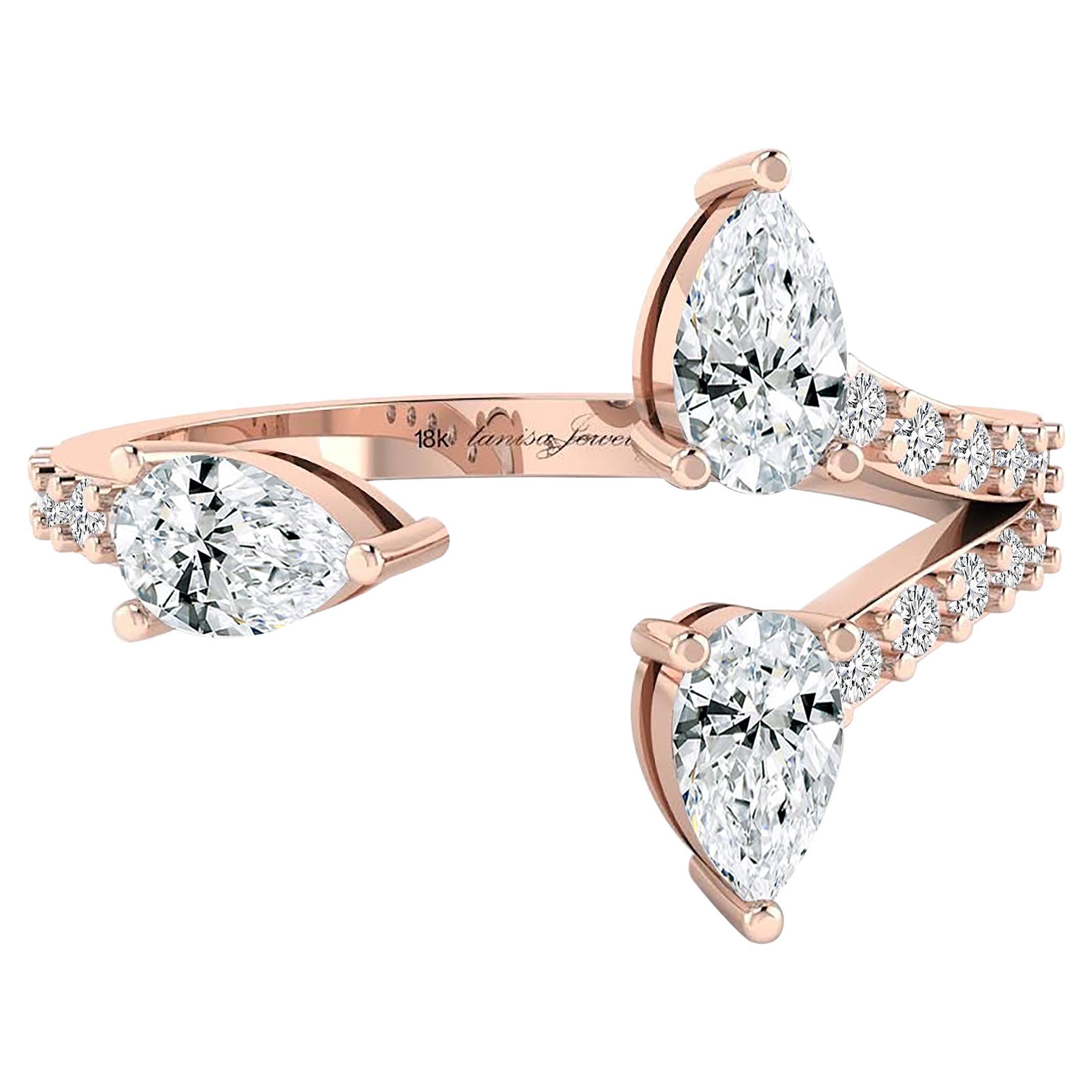 For Sale:  Three Pear Diamond Open Ring in 18 Karat Rose Gold