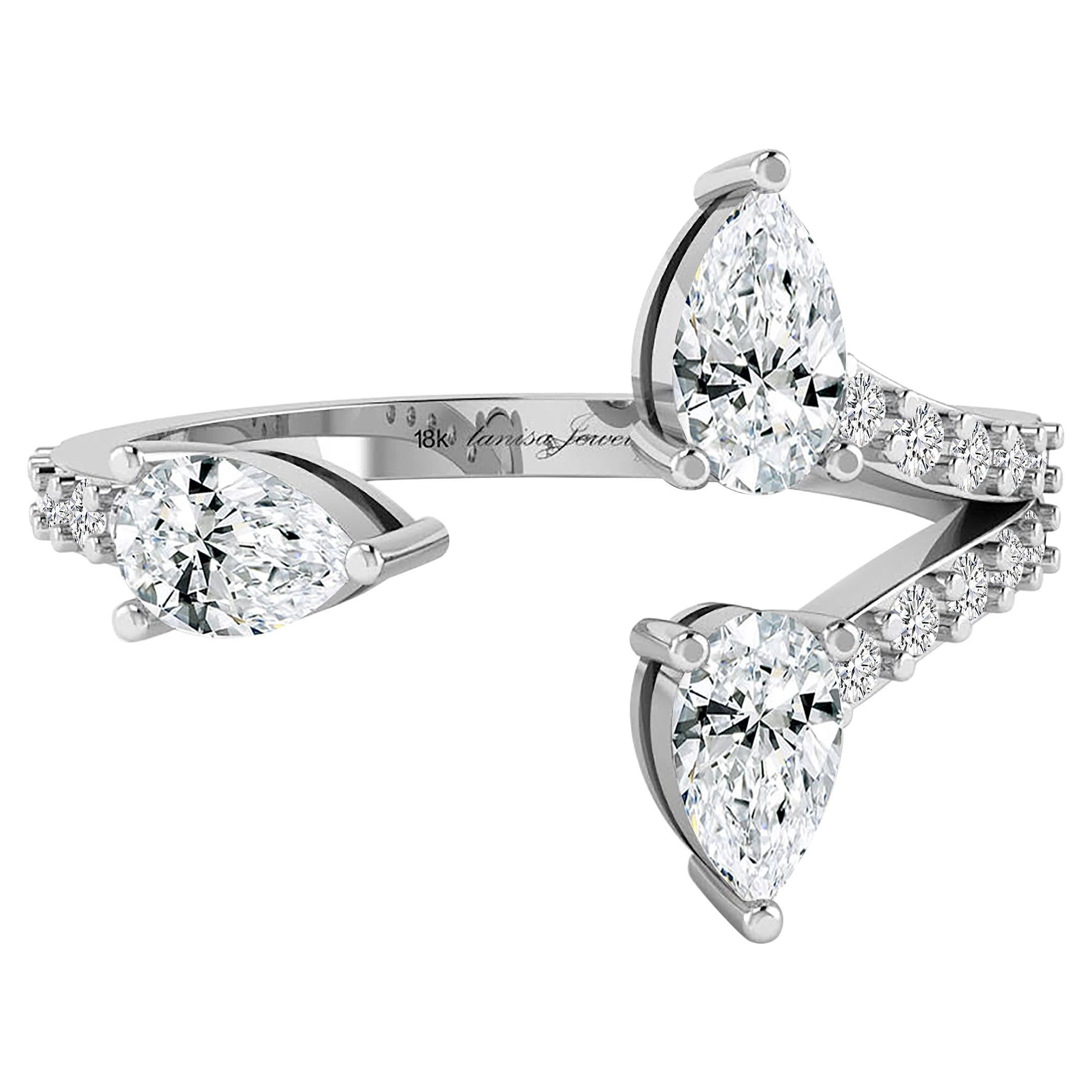 For Sale:  Three Pear Diamond Open Ring in 18 Karat White Gold