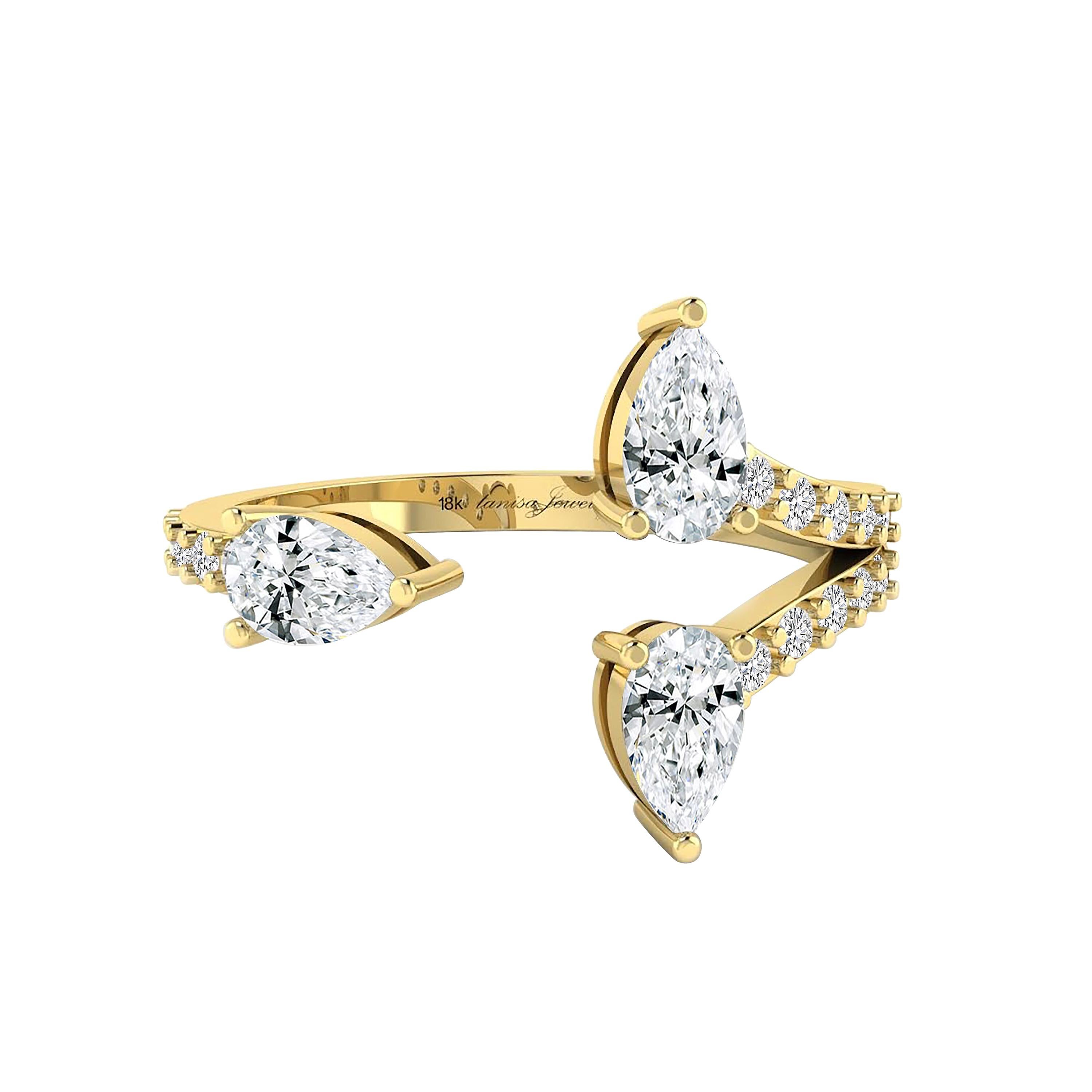 For Sale:  Three Pear Diamond Open Ring in 18 Karat Yellow Gold 4