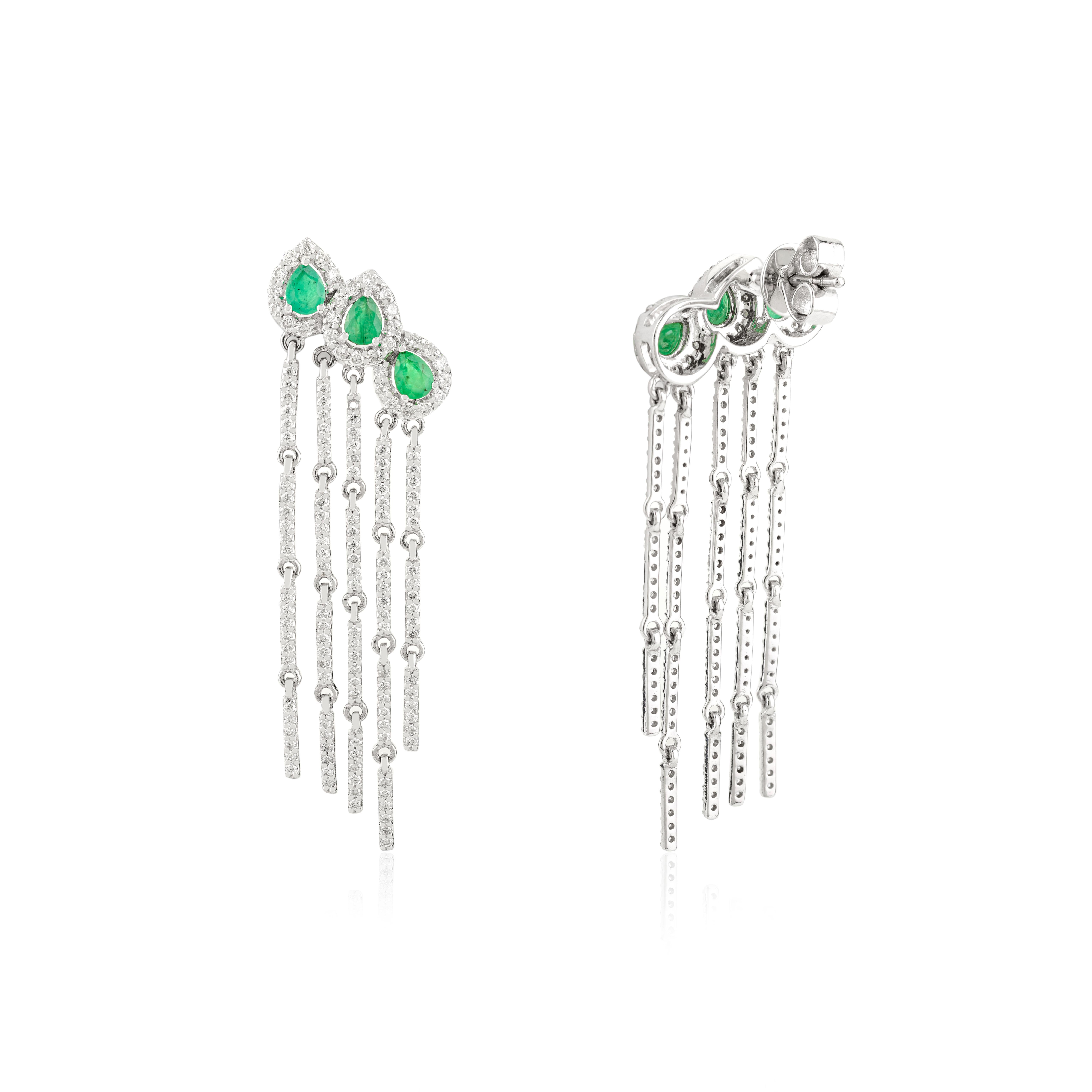 Three Pear Emeralds & Diamond Long Chandelier Earrings in 18k Solid White Gold In condizioni Nuovo in vendita a New York, NY