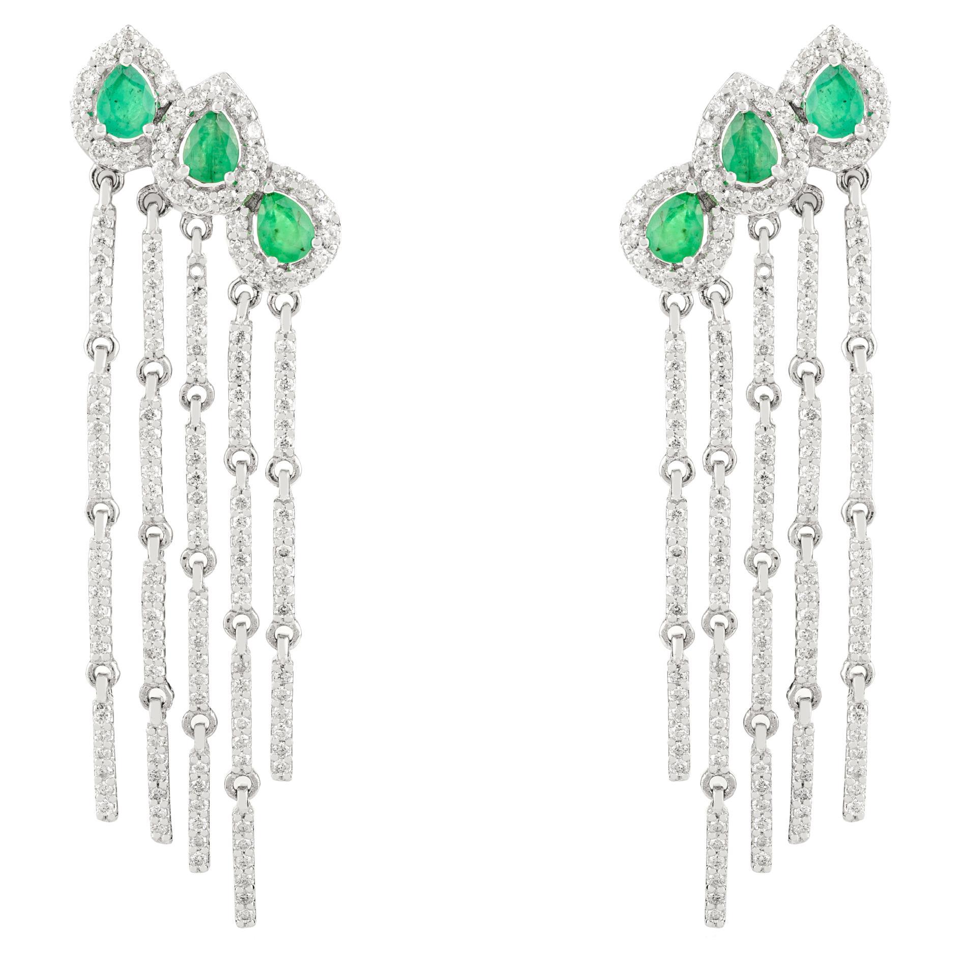 Three Pear Emeralds & Diamond Long Chandelier Earrings in 18k Solid White Gold