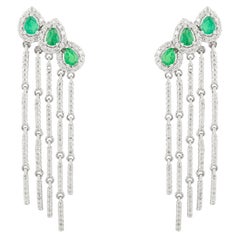 Three Pear Emeralds & Diamond Long Chandelier Earrings in 18k Solid White Gold