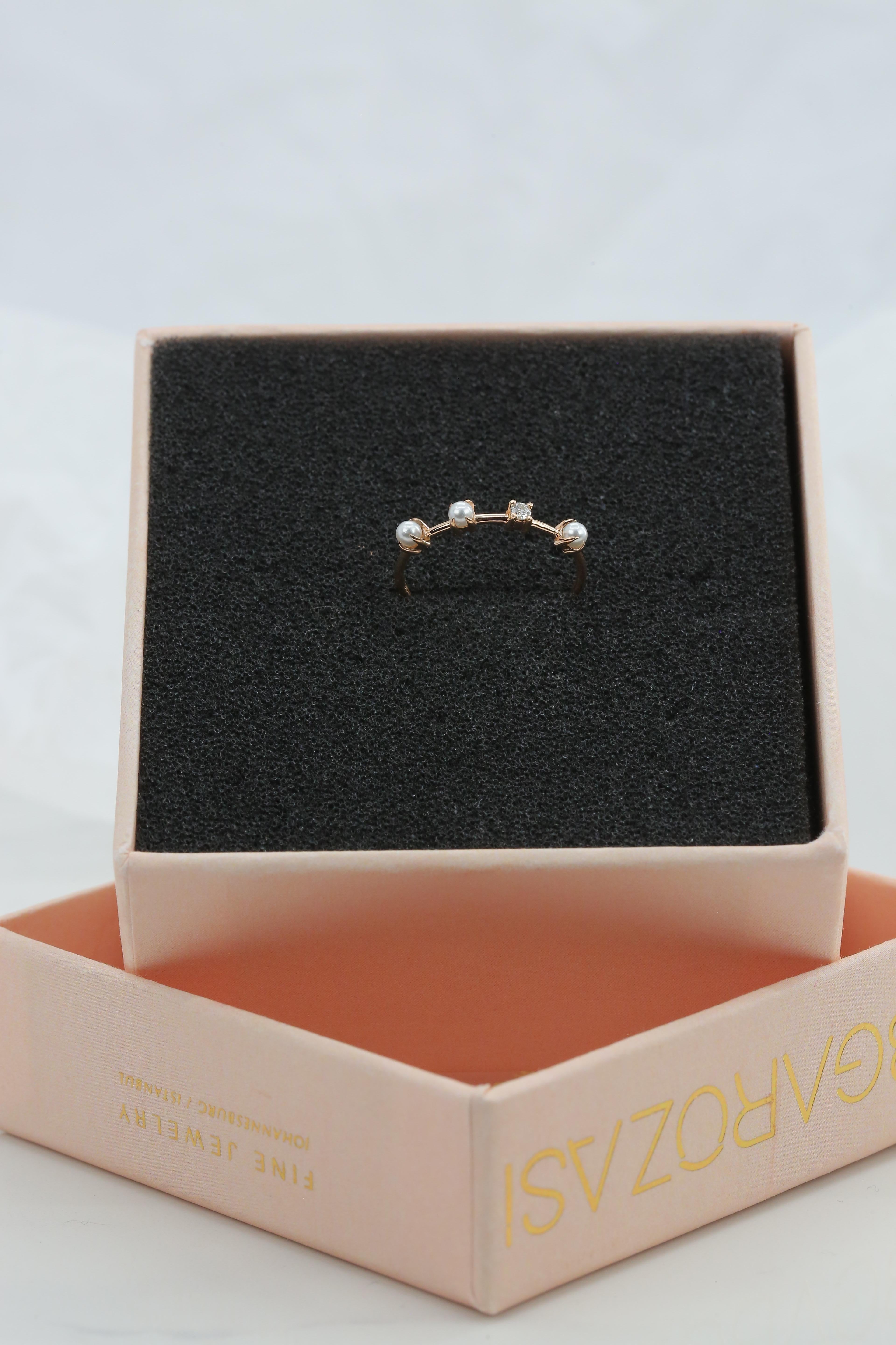 For Sale:  Three Pearl and Diamond Ring, 14K Gold Pearl Ring, Minimalist Style Ring 4