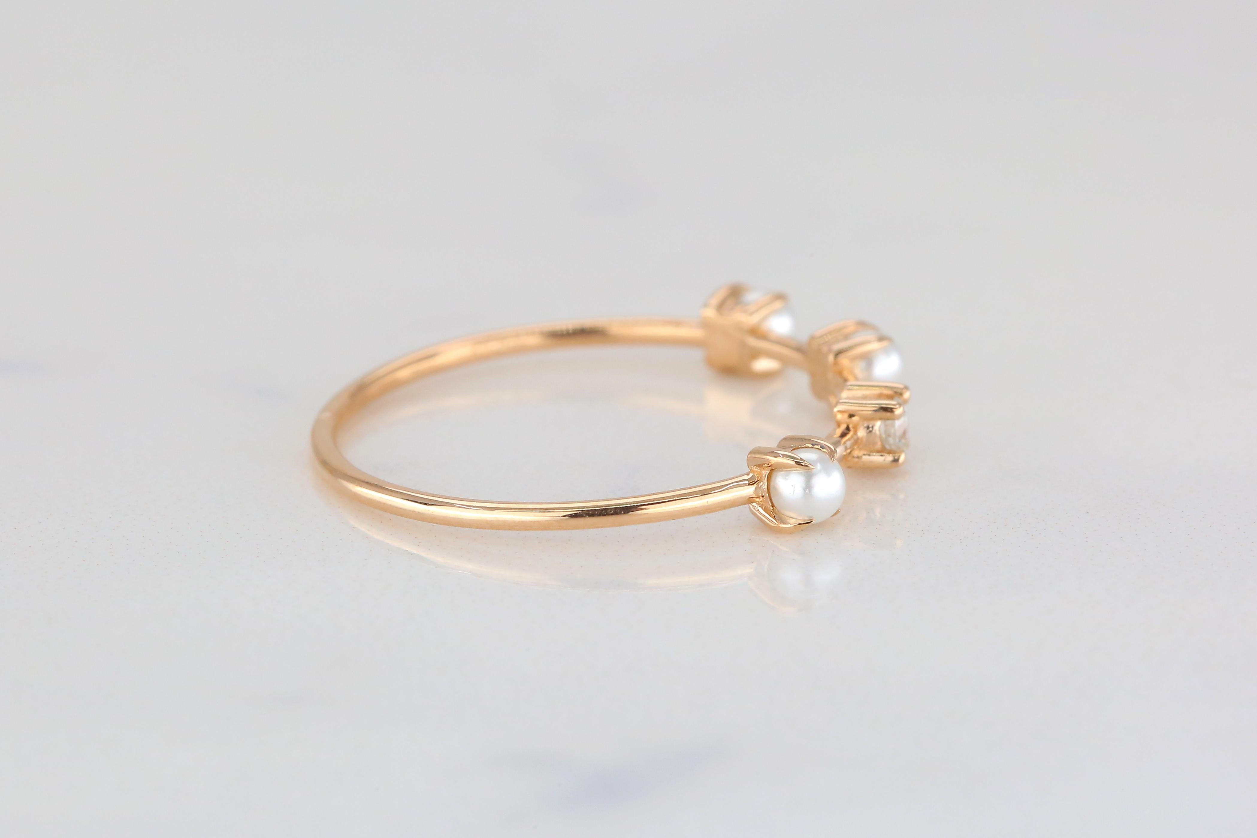 For Sale:  Three Pearl and Diamond Ring, 14K Gold Pearl Ring, Minimalist Style Ring 7