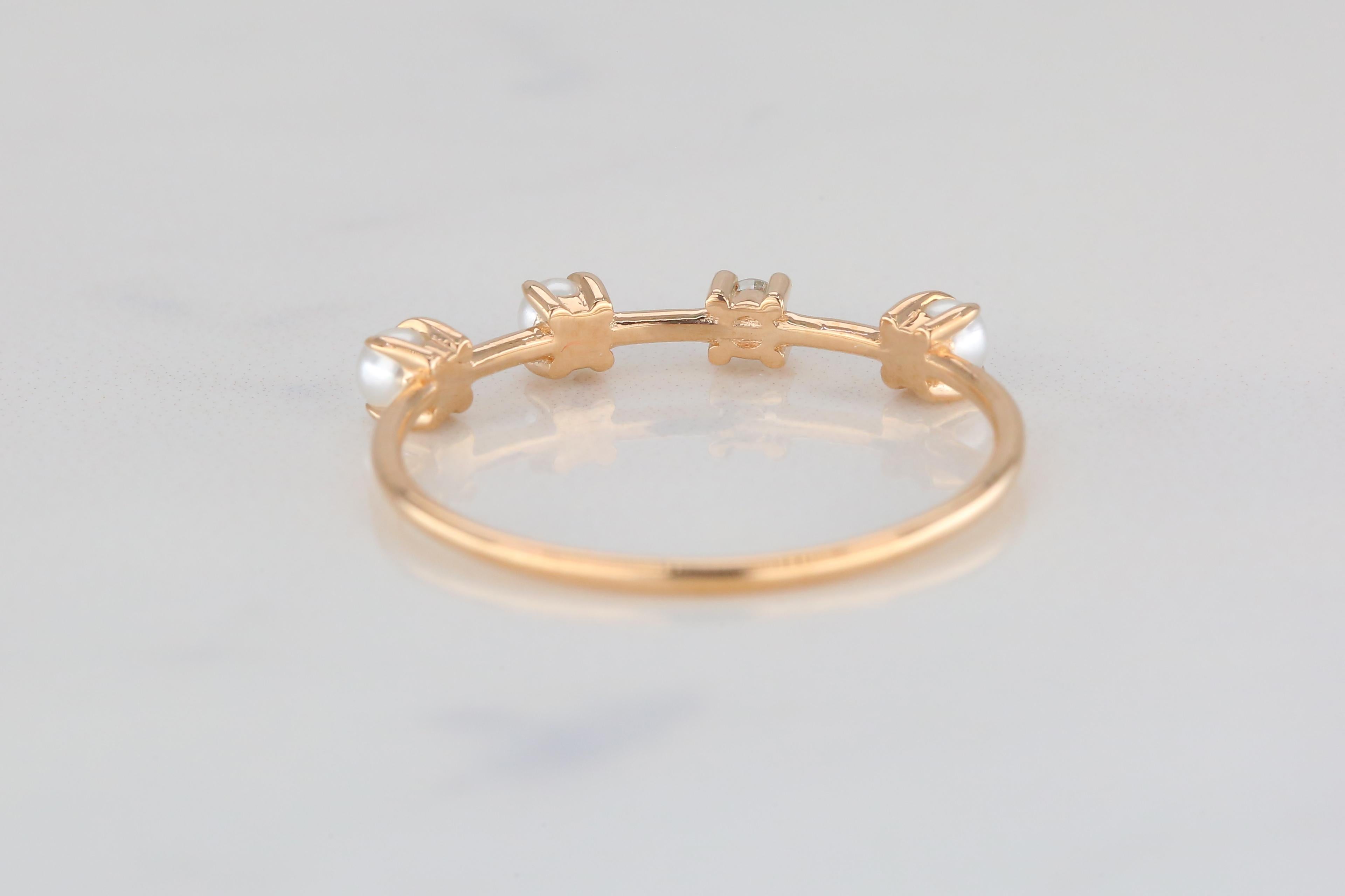 For Sale:  Three Pearl and Diamond Ring, 14K Gold Pearl Ring, Minimalist Style Ring 8