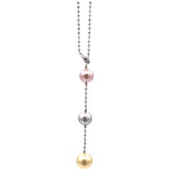 Vintage Tricolour Cultured Pearl Drop Faceted Bead 18K Gold Necklace with Diamond Hook