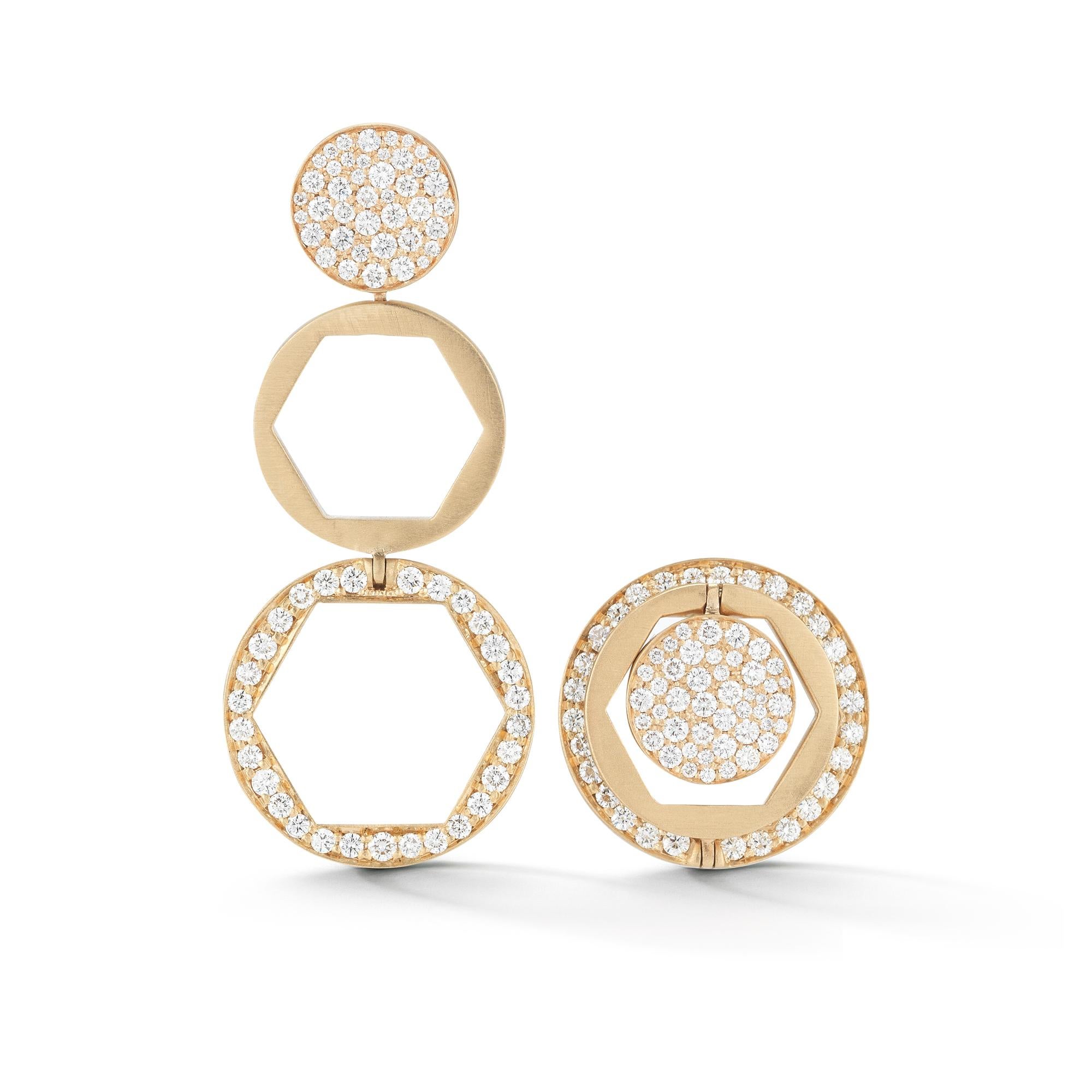 14k yellow gold Three Pence earrings with 1.12 of pave set round white diamonds.
