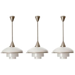 Three Pendant Lights, Otto Mueller Sistrah, Nickel Opal Glass, Art Deco, 1931