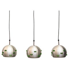 Three Pendant Space Age Spun Aluminum Globe Ceiling Light with Emerald Details