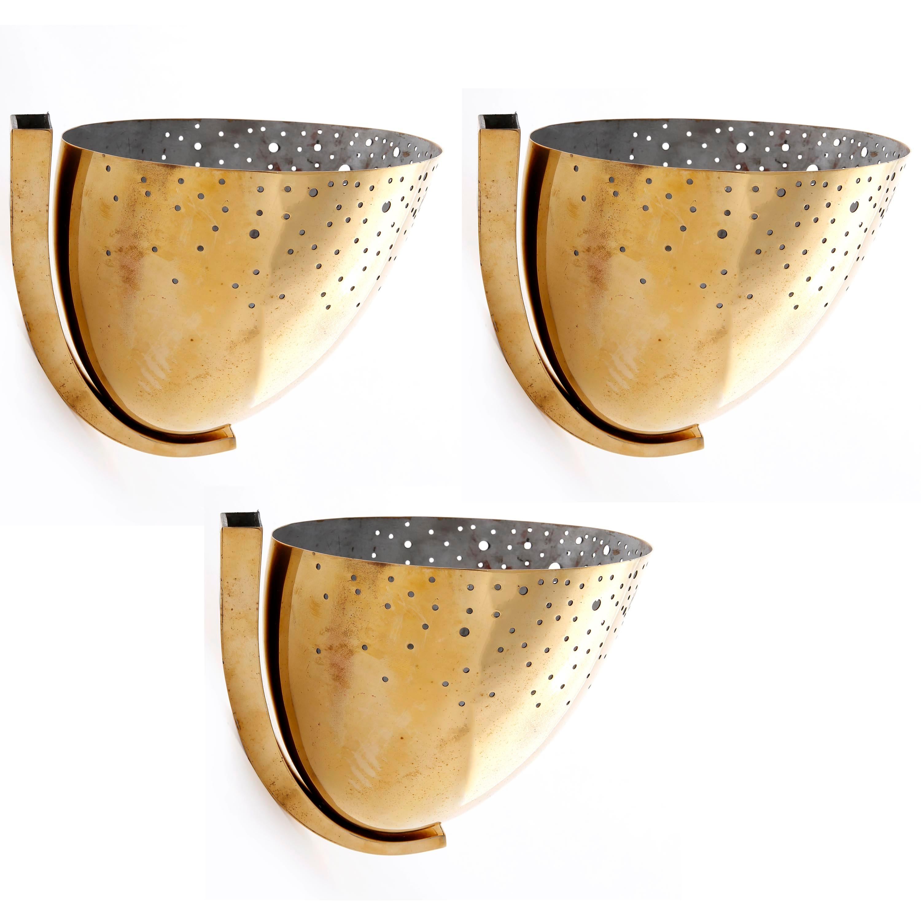 Three Perforated Brass Uplight Sconces Wall Lights, Pitt Müller, Germany, 1950s