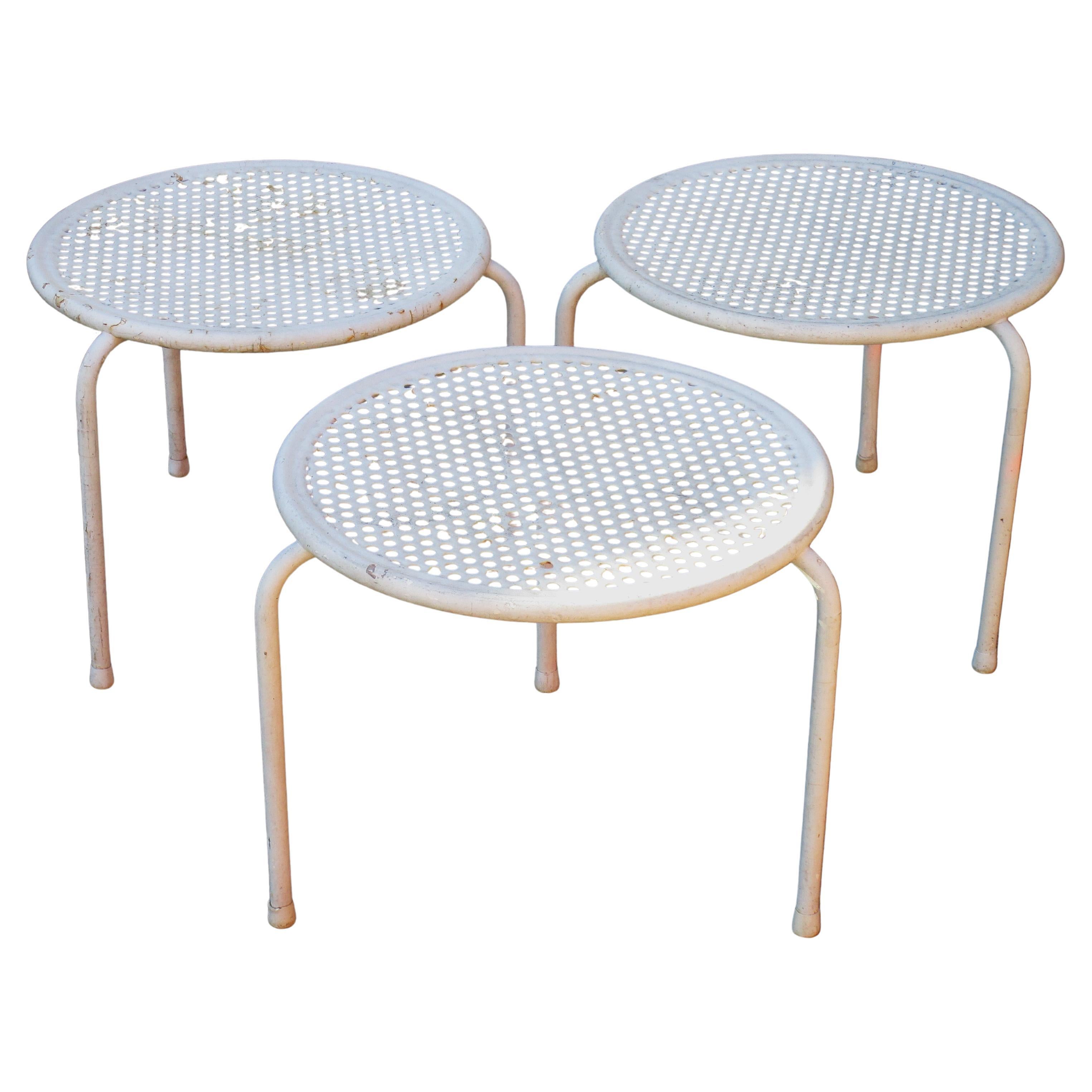Enameled Set of 3 Perforated Top Tri-Leg Metal Tables Emu Italy 1960's For Sale