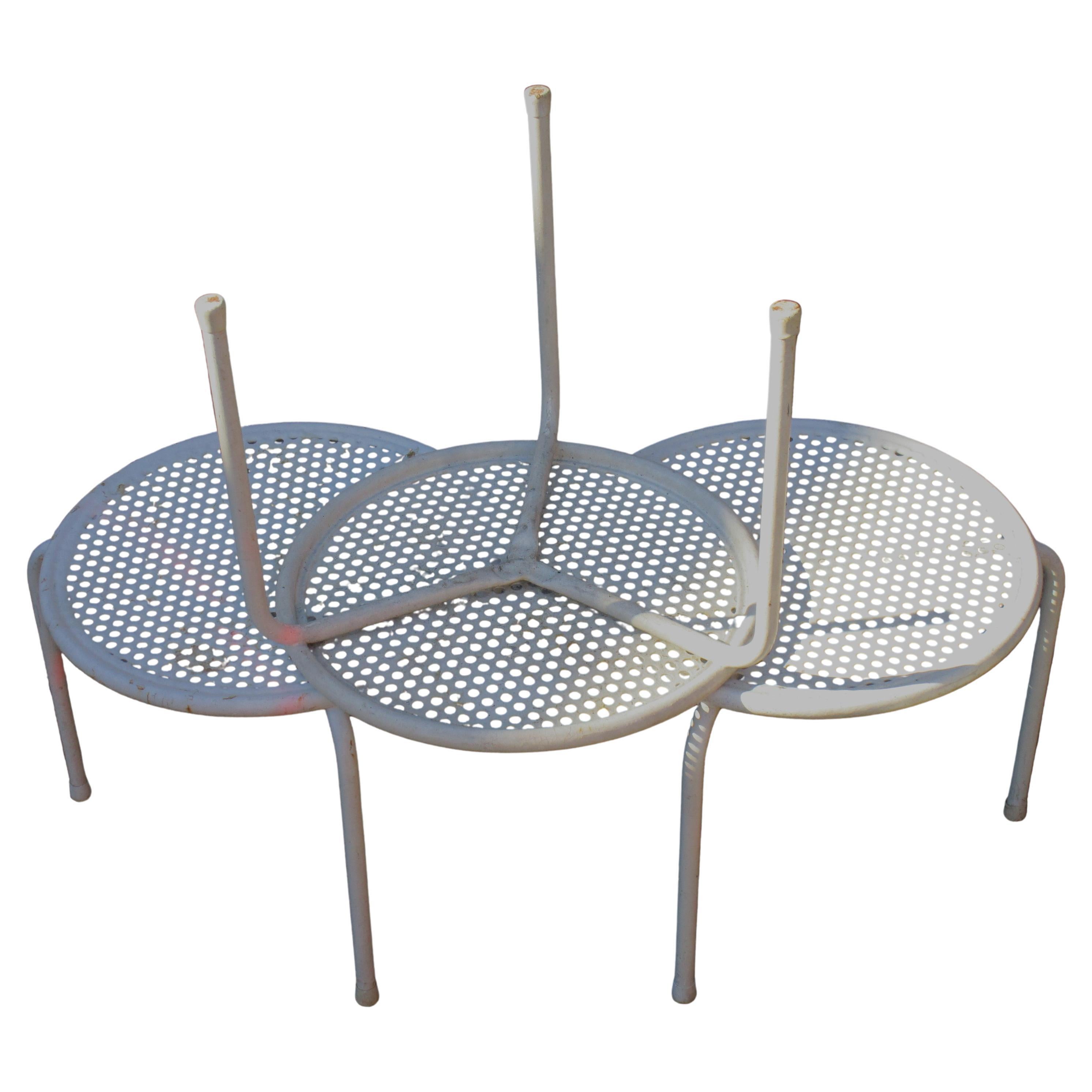 Italian Set of 3 Perforated Top Tri-Leg Metal Tables Emu Italy 1960's For Sale