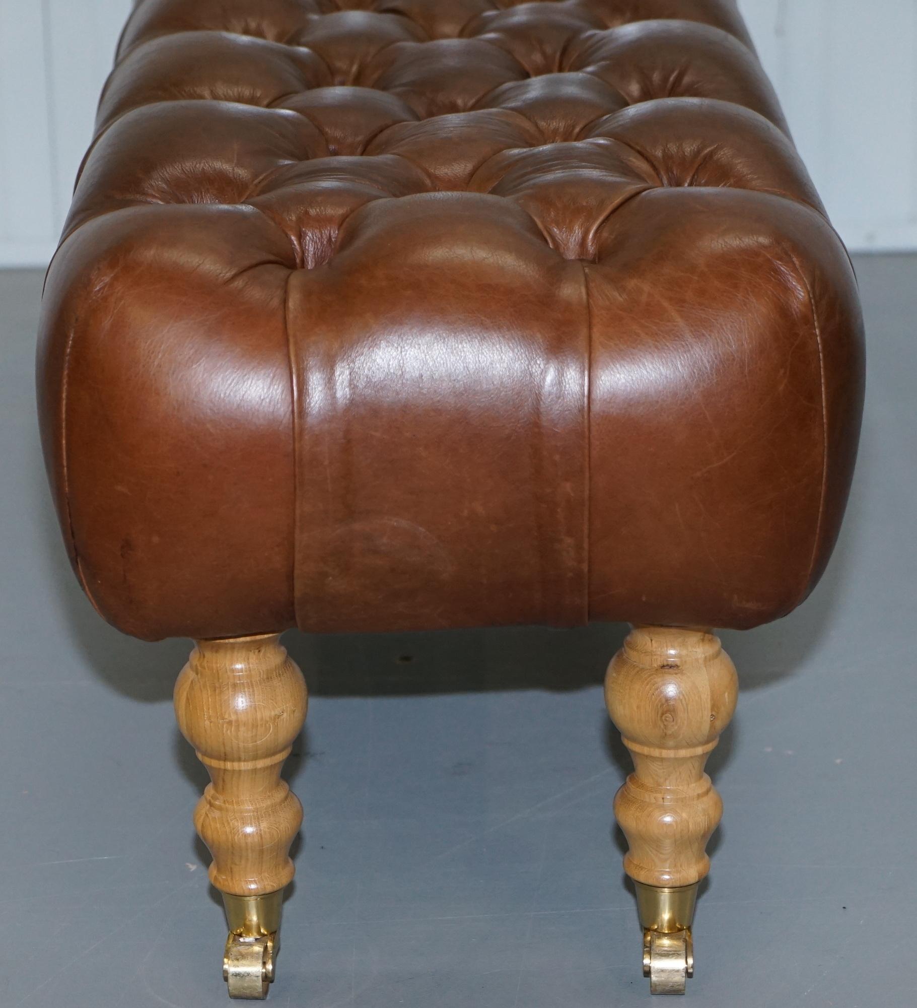 Three Person Bench Footstool Chesterfield Chestnut Leather Oak Legs Brass Castor 8