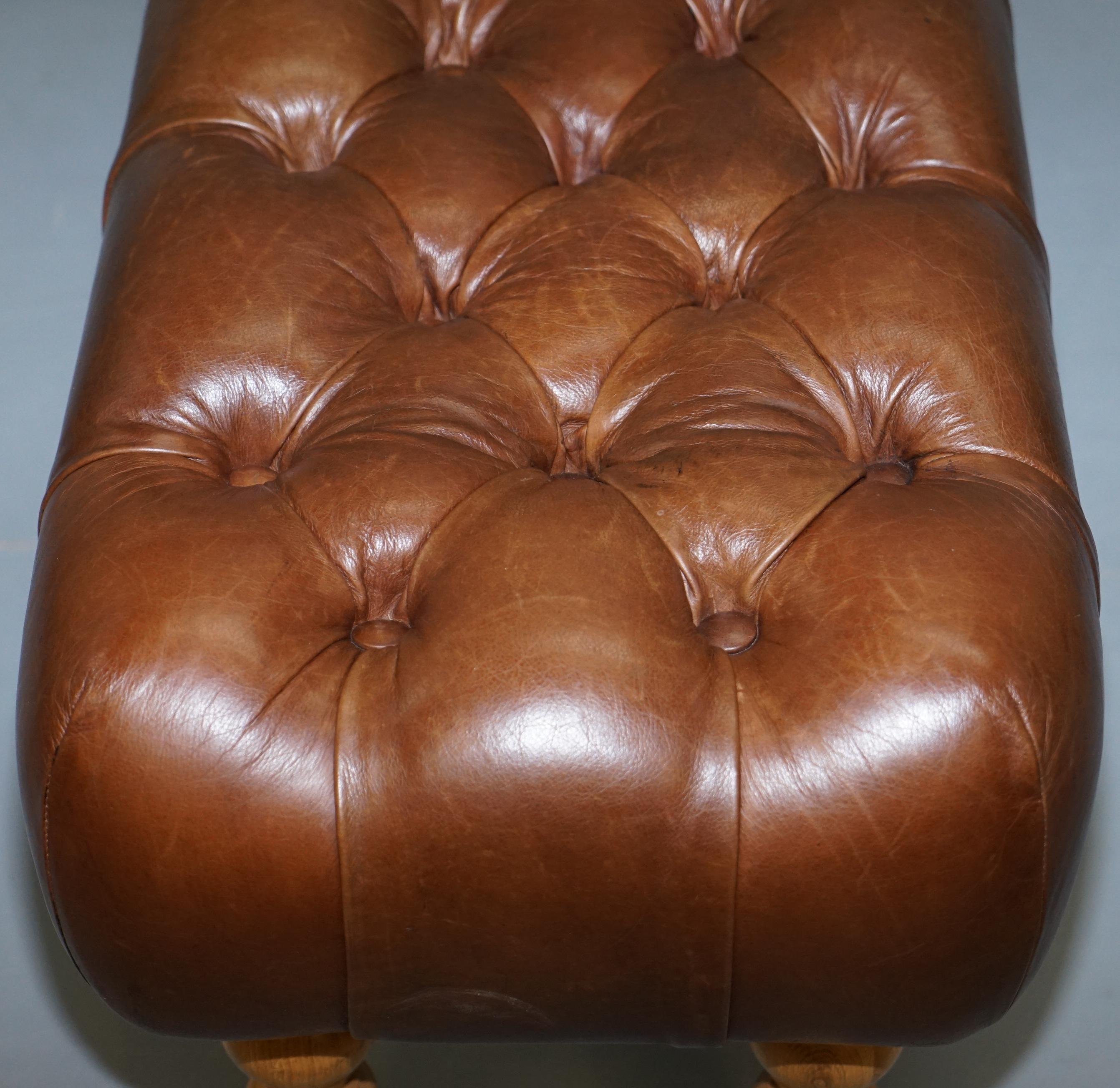 Three Person Bench Footstool Chesterfield Chestnut Leather Oak Legs Brass Castor 9