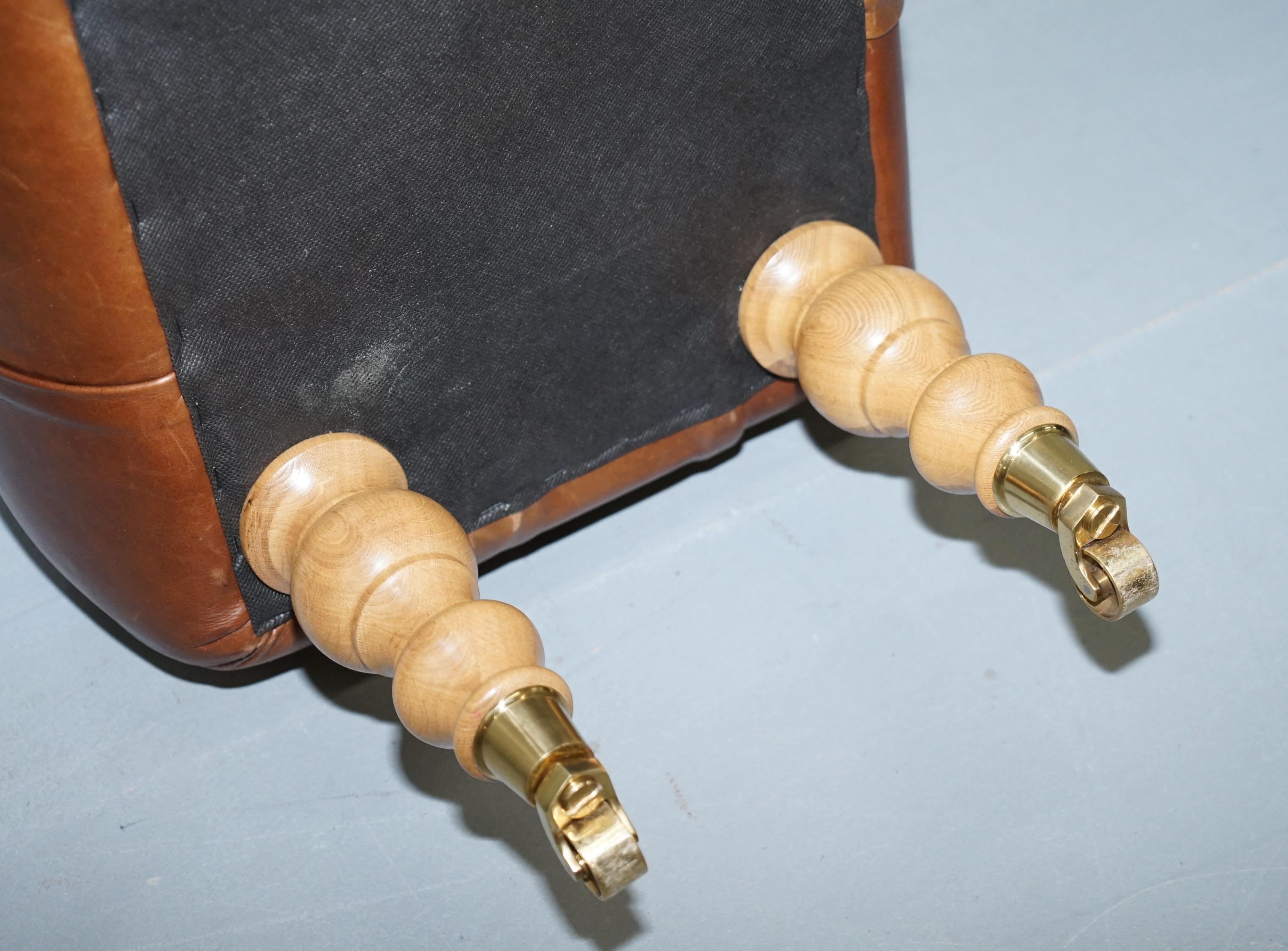 Three Person Bench Footstool Chesterfield Chestnut Leather Oak Legs Brass Castor 12