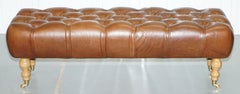 Three Person Bench Footstool Chesterfield Chestnut Leather Oak Legs Brass Castor