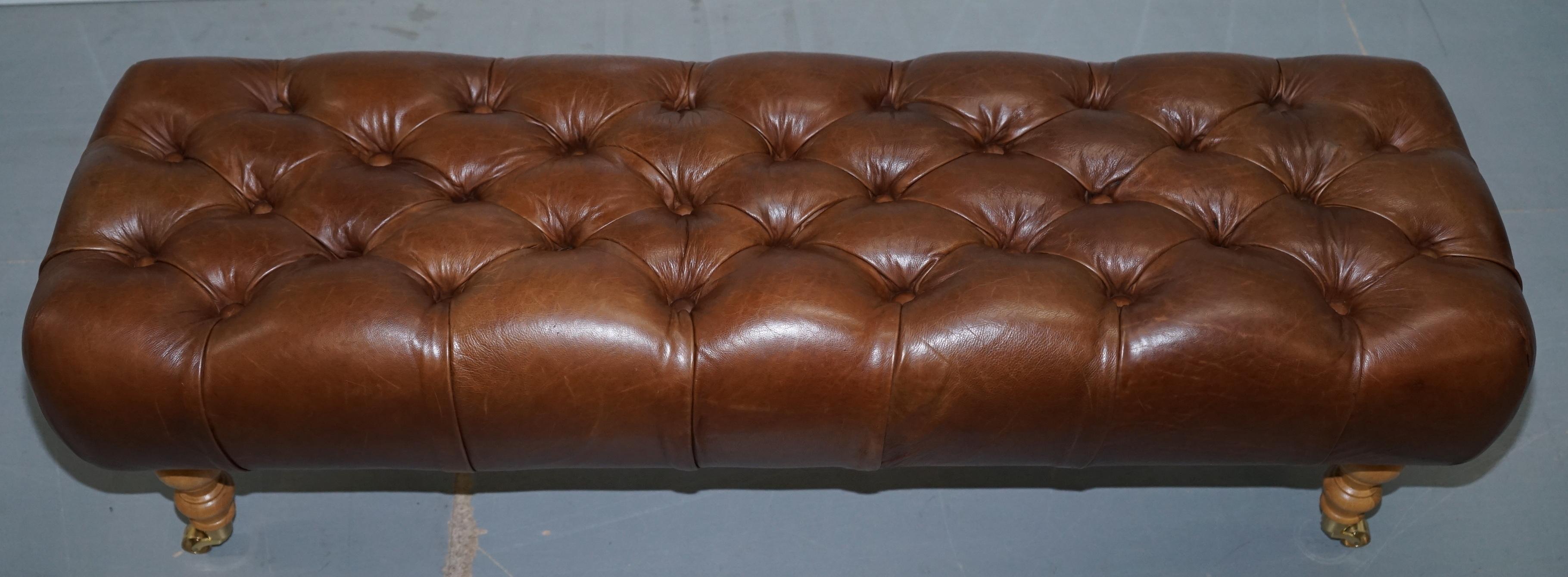 Hand-Carved Three Person Bench Footstool Chesterfield Chestnut Leather Oak Legs Brass Castor