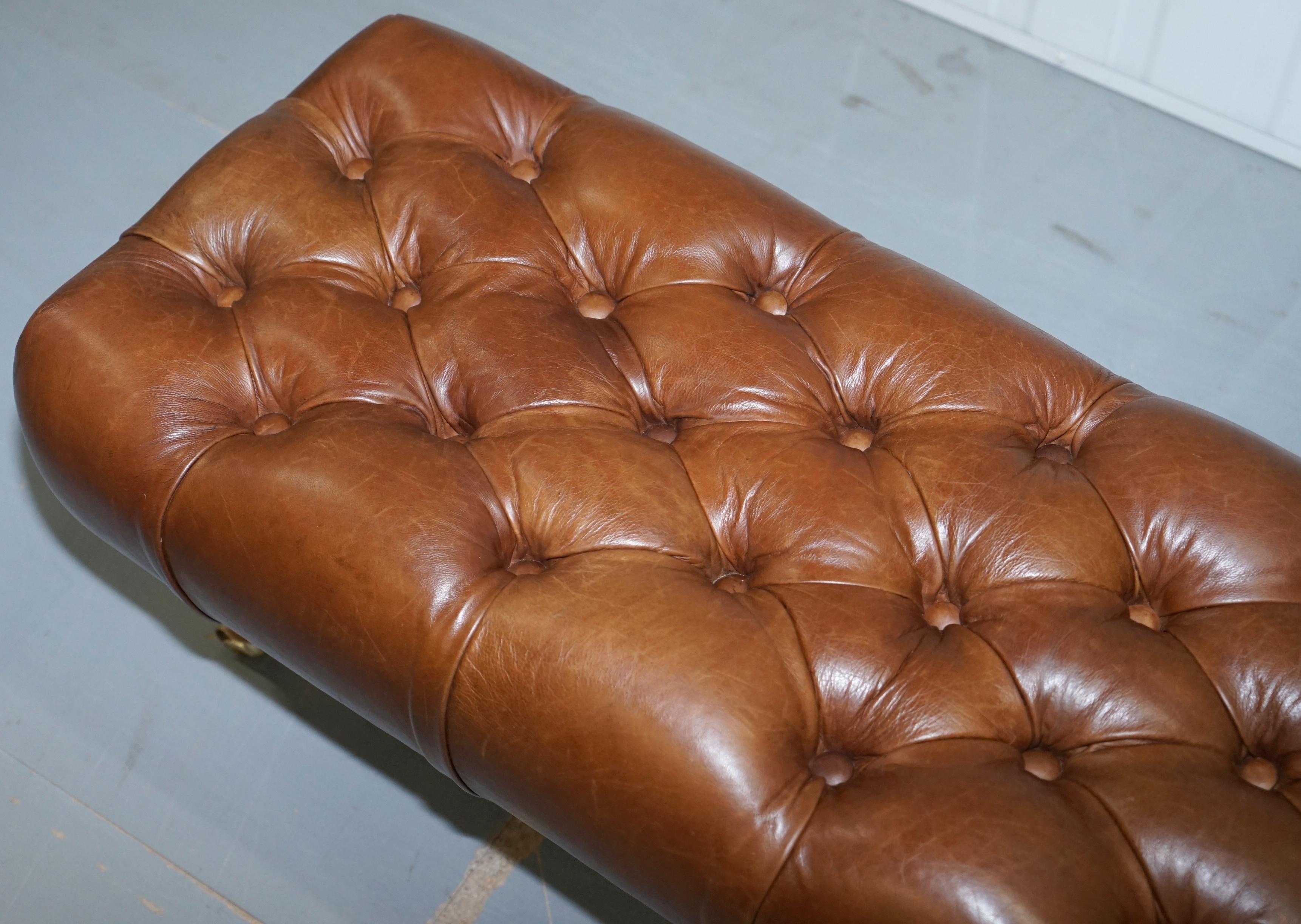 Contemporary Three Person Bench Footstool Chesterfield Chestnut Leather Oak Legs Brass Castor