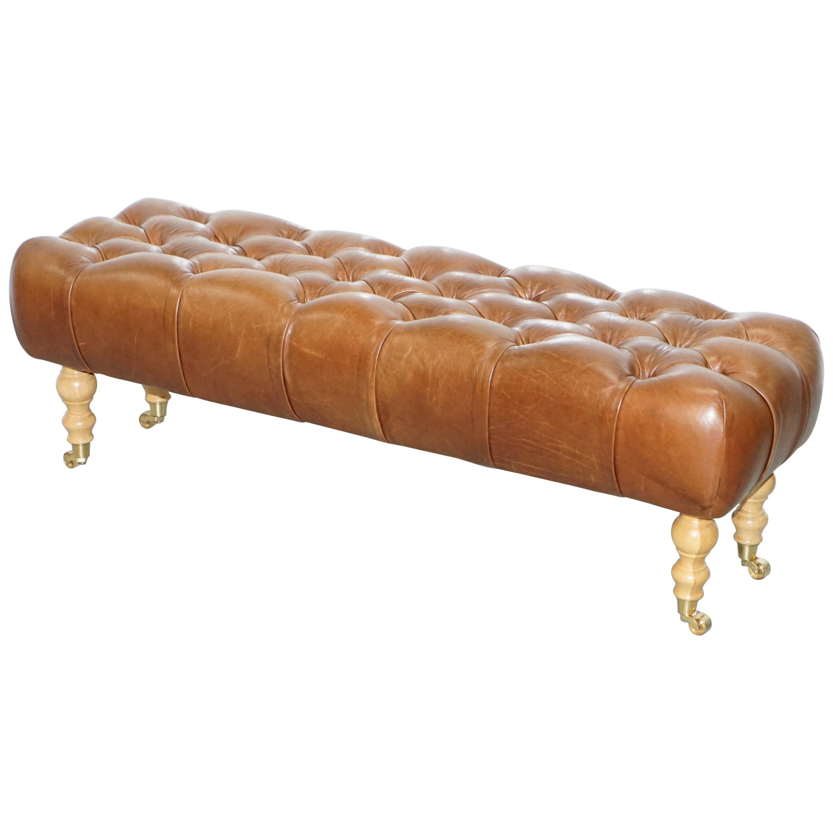 Three Person Bench Footstool Chesterfield Chestnut Leather Oak Legs Brass Castor