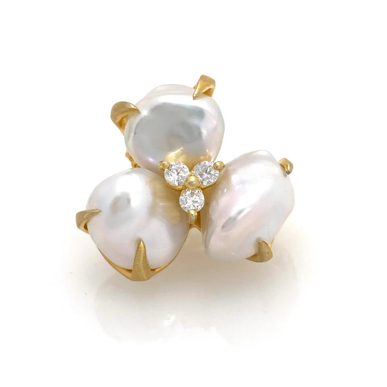 Three-petal Baroque Pearl Flower Earrings at 1stDibs