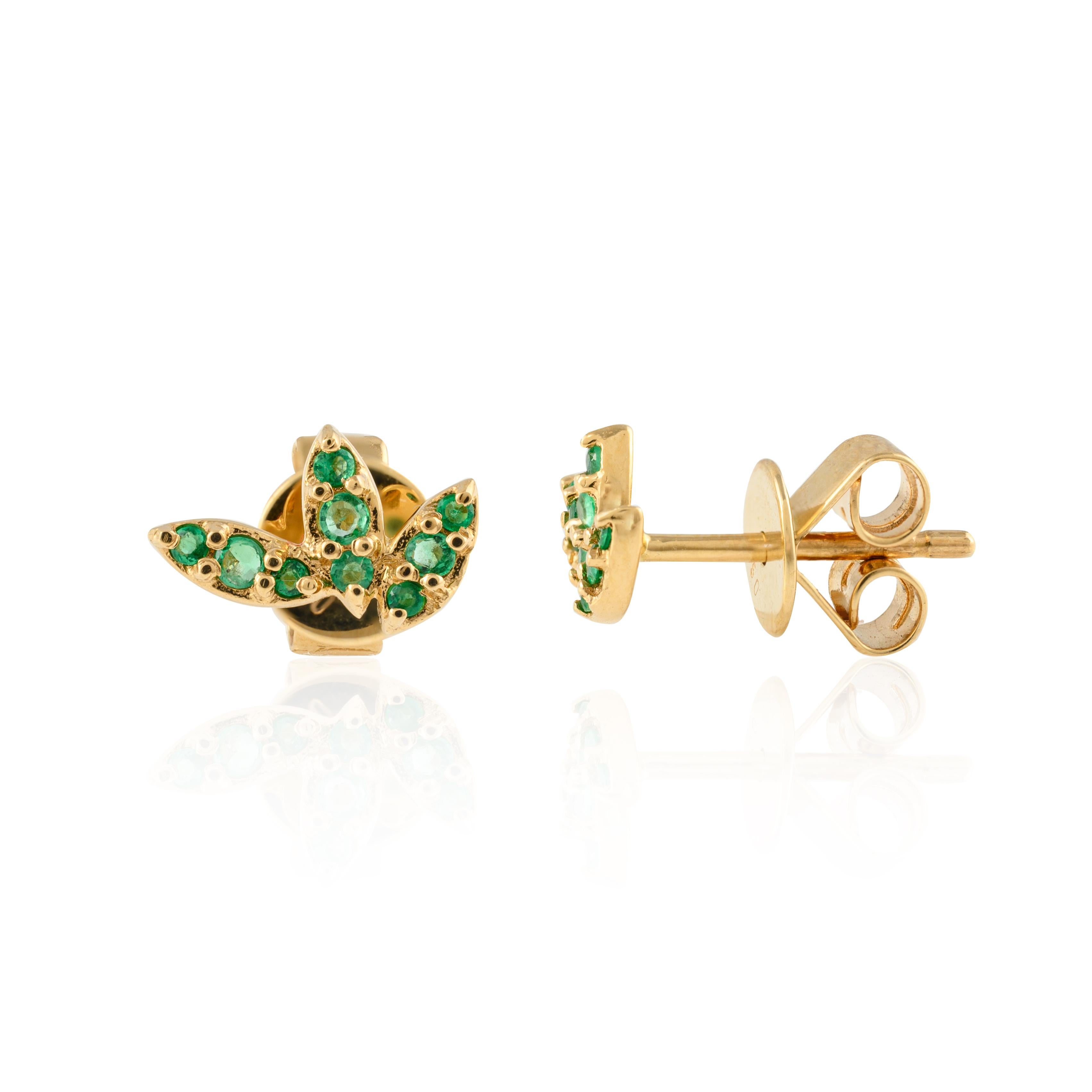 Modern Three Petal Tiny Natural Emerald Studs Earrings Crafted in 18k Solid Yellow Gold For Sale