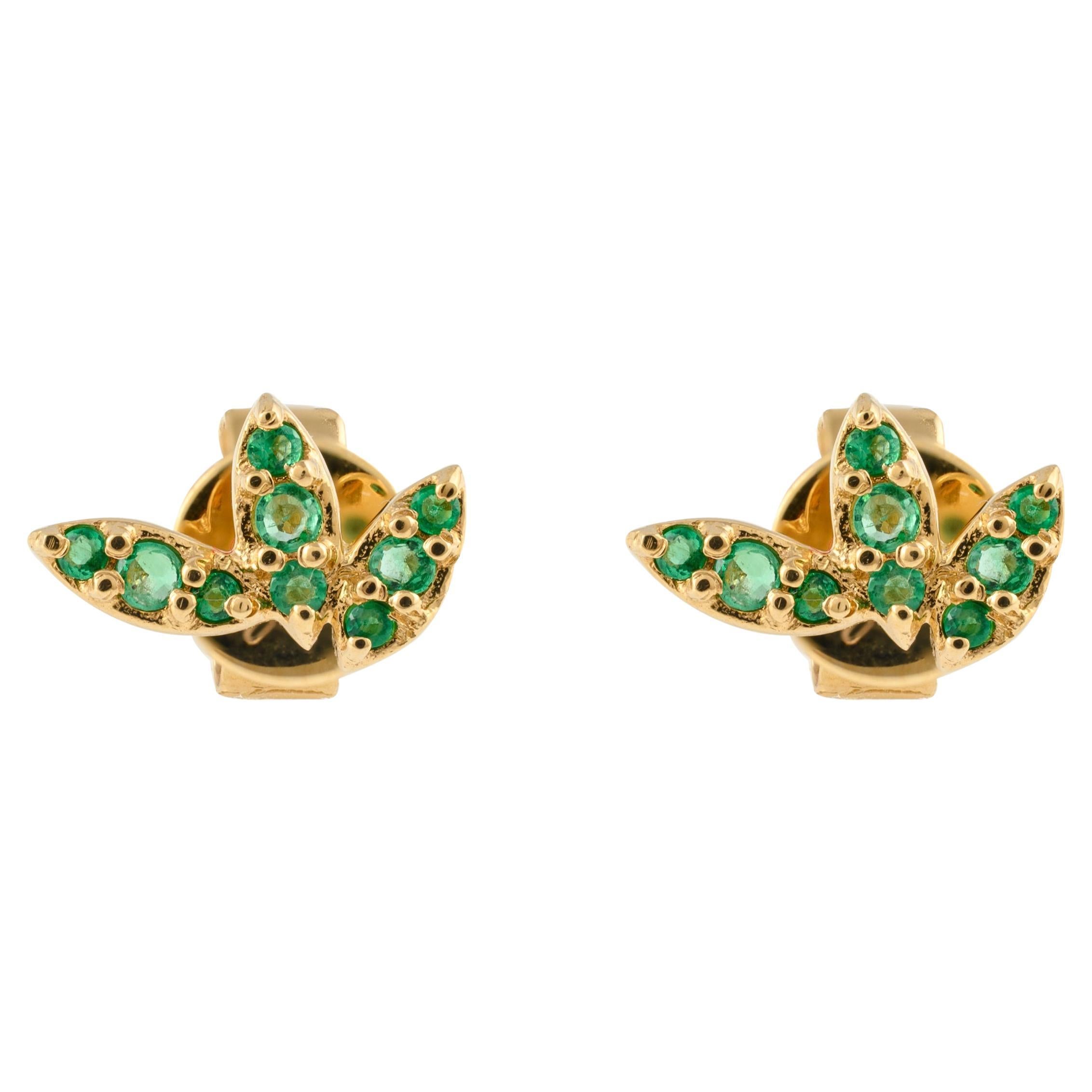 Three Petal Tiny Natural Emerald Studs Earrings Crafted in 18k Solid Yellow Gold For Sale