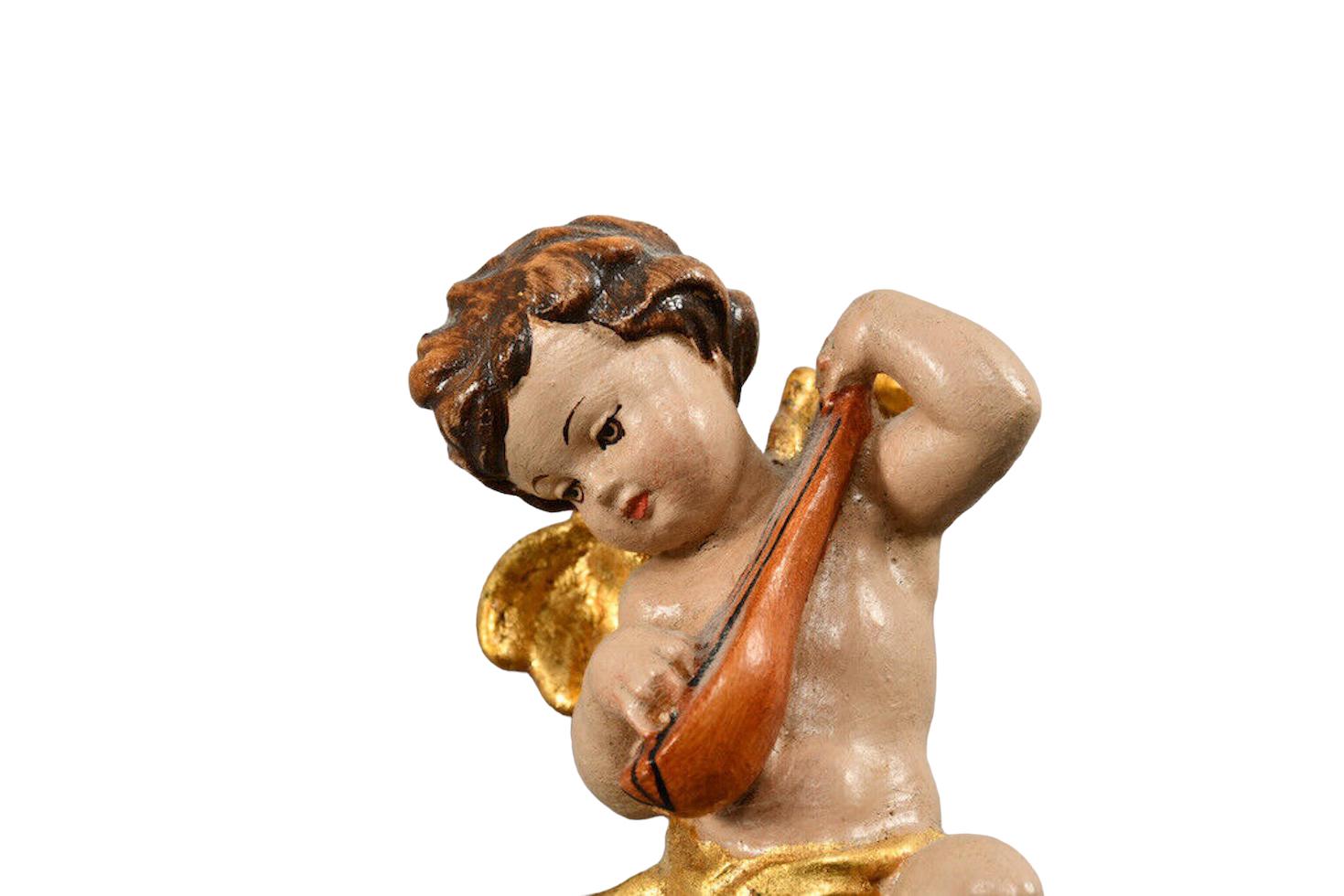 Three Petite Wood Carved Cherub Musician Angels, Vintage ANRI, Italy, 1980s For Sale 3