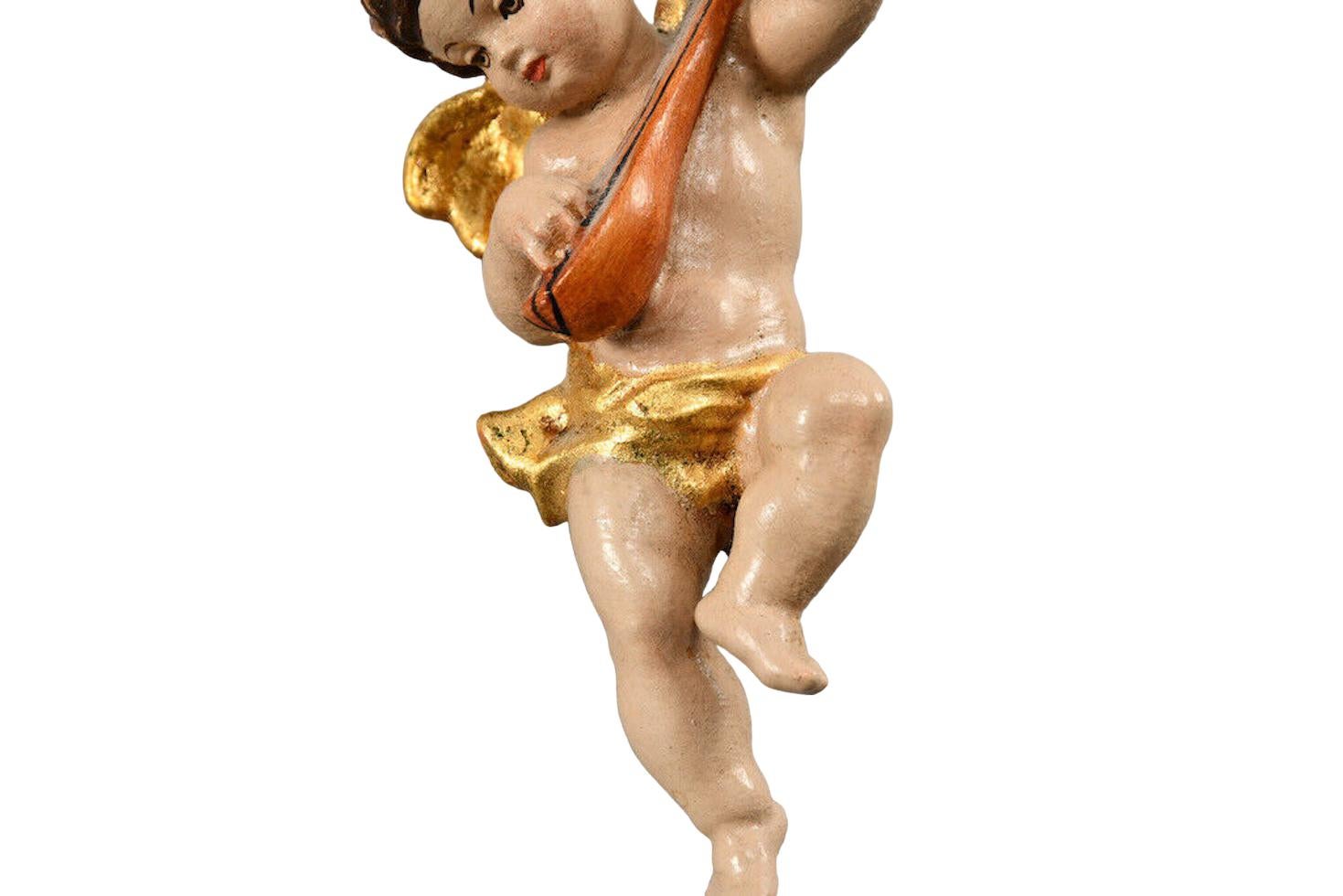 Three Petite Wood Carved Cherub Musician Angels, Vintage ANRI, Italy, 1980s For Sale 4