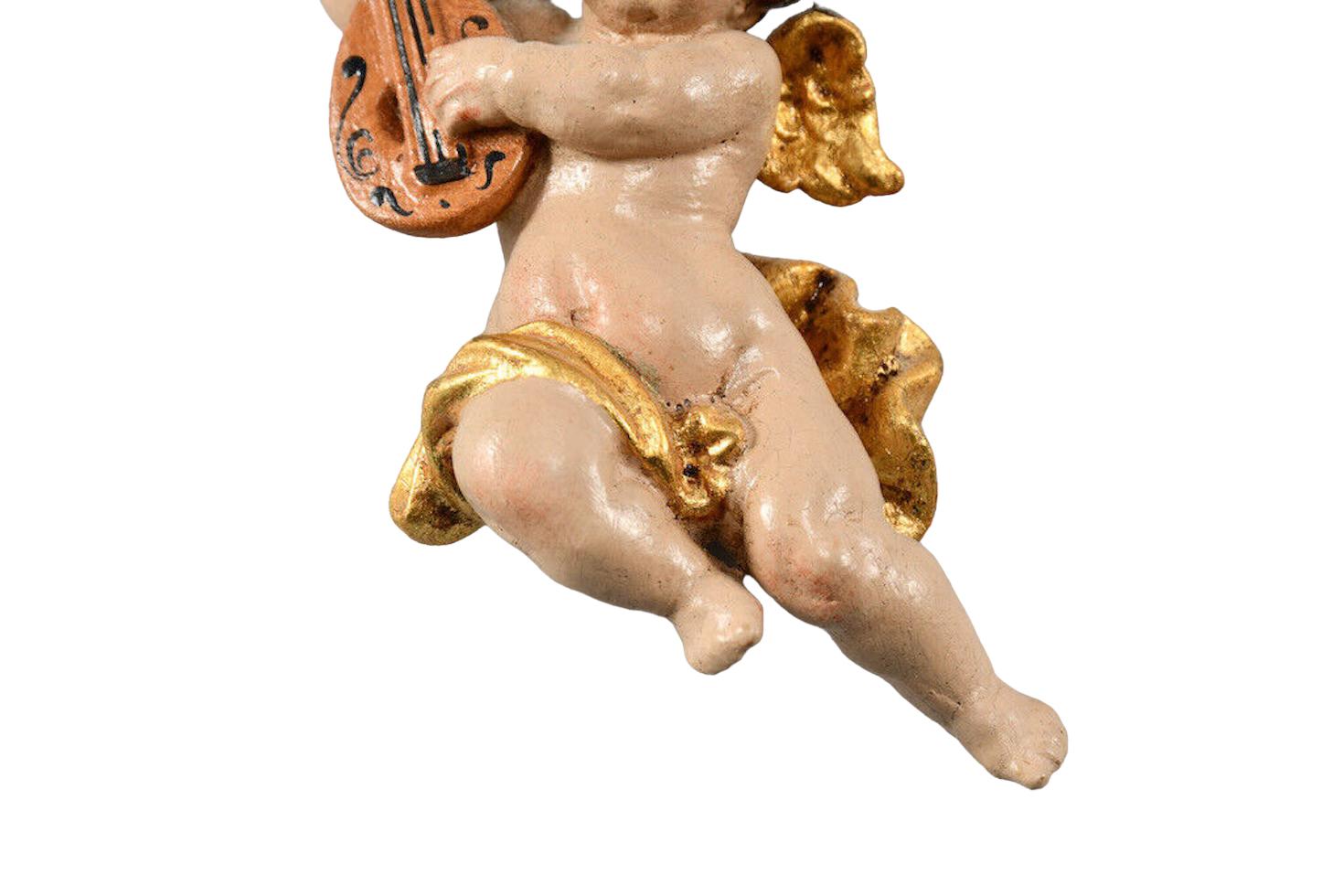 Hand-Carved Three Petite Wood Carved Cherub Musician Angels, Vintage ANRI, Italy, 1980s For Sale