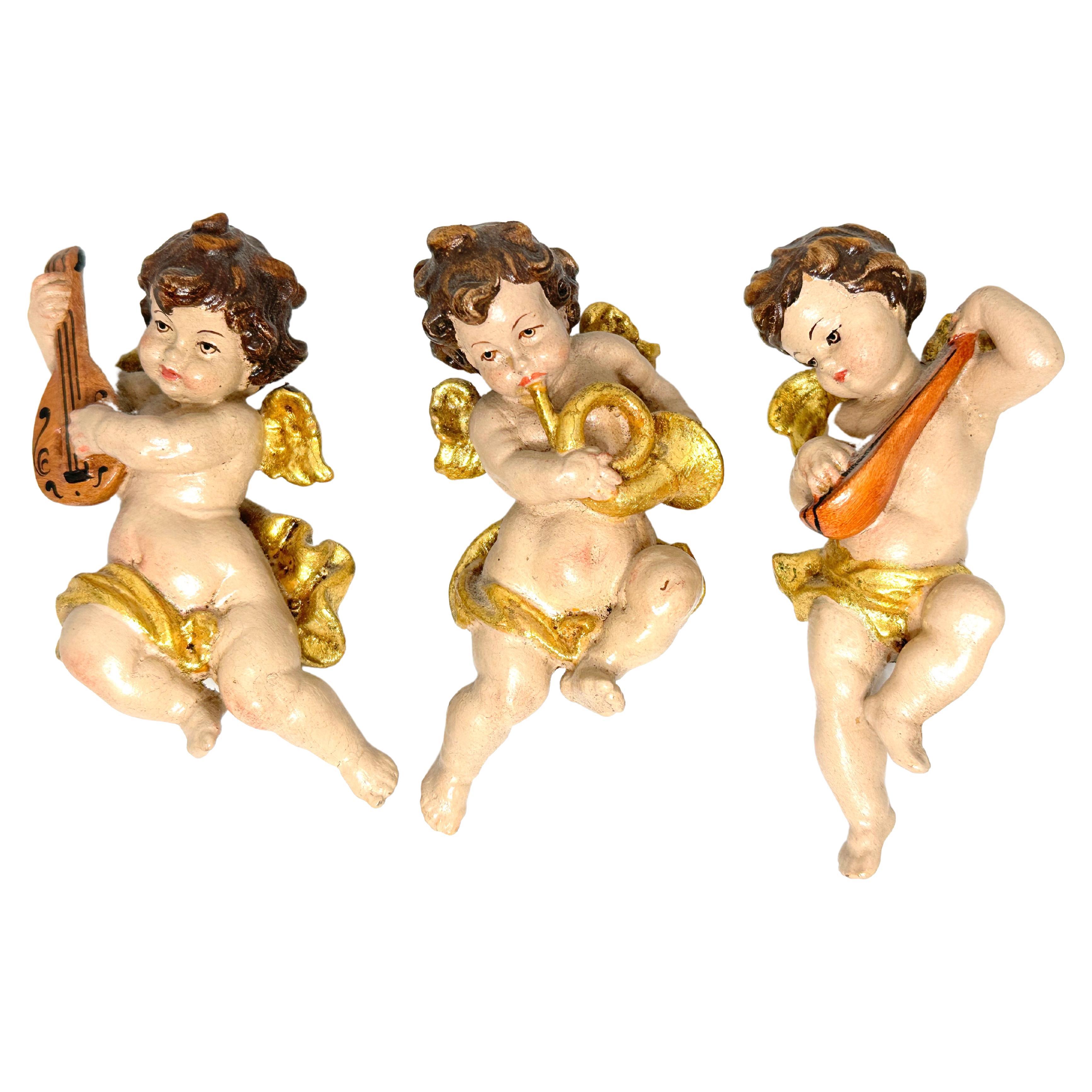 Three Petite Wood Carved Cherub Musician Angels, Vintage ANRI, Italy, 1980s For Sale