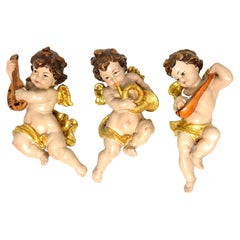 Three Petite Wood Carved Cherub Musician Angels, Vintage ANRI, Italy, 1980s