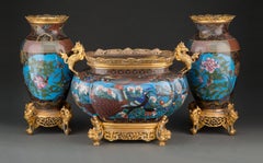 Three Piece 19th Century French Bronze Mounted Closene Enamel Garniture