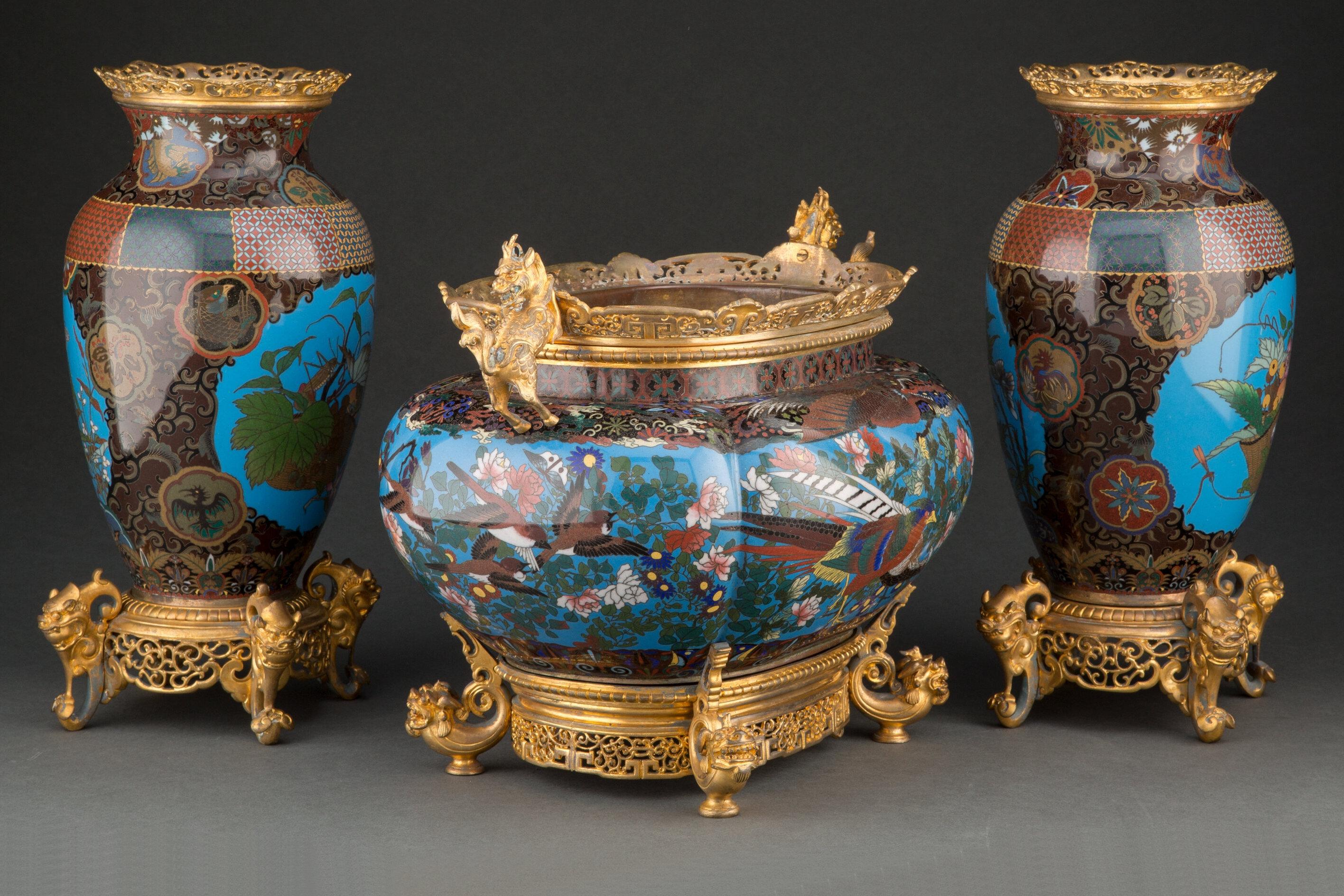 Three Piece 19th Century French Bronze Mounted Closene Enamel Garniture In Good Condition In New York, NY