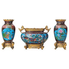 Three Piece 19th Century French Bronze Mounted Closene Enamel Garniture