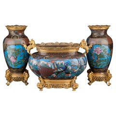 Three Piece 19th Century French Bronze Mounted Closene Enamel Garniture