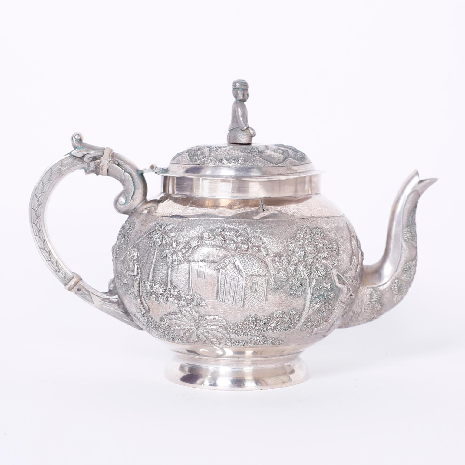 19th Century Three-Piece Antique Anglo Indian Silver Tea Service For Sale