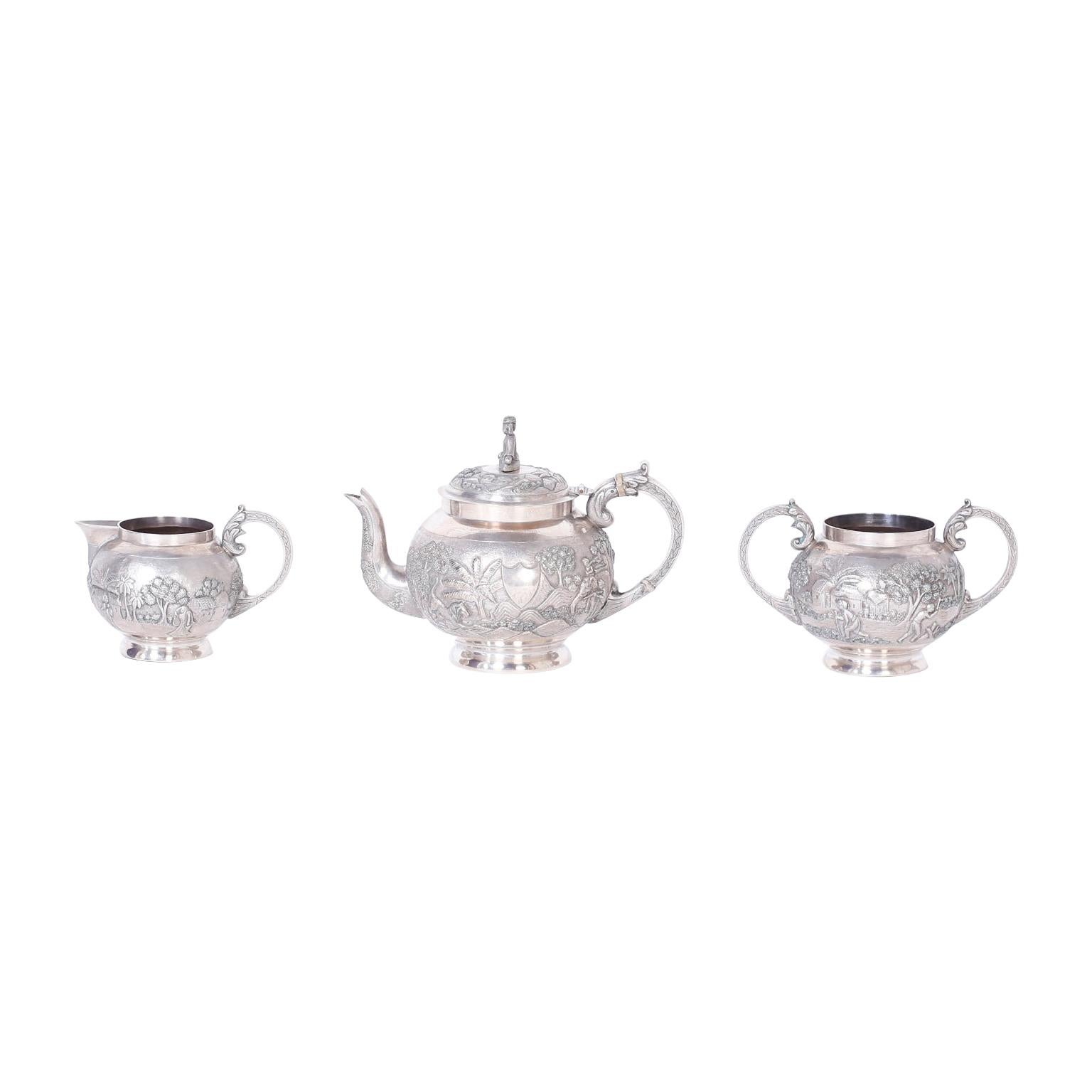 Three-Piece Antique Anglo Indian Silver Tea Service