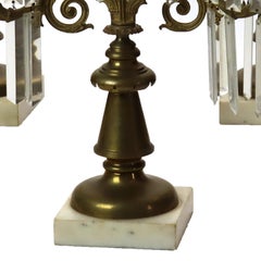 Three Piece Antique Bronze & Crystal Girandole Set With Marble Base c1900