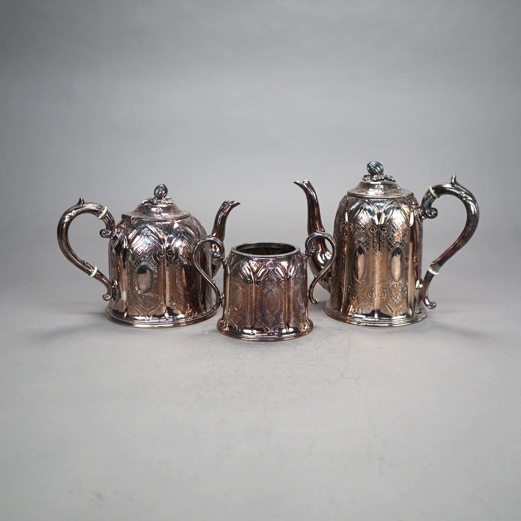 Juego de té antiguo de tres piezas bañado en plata C1890 6