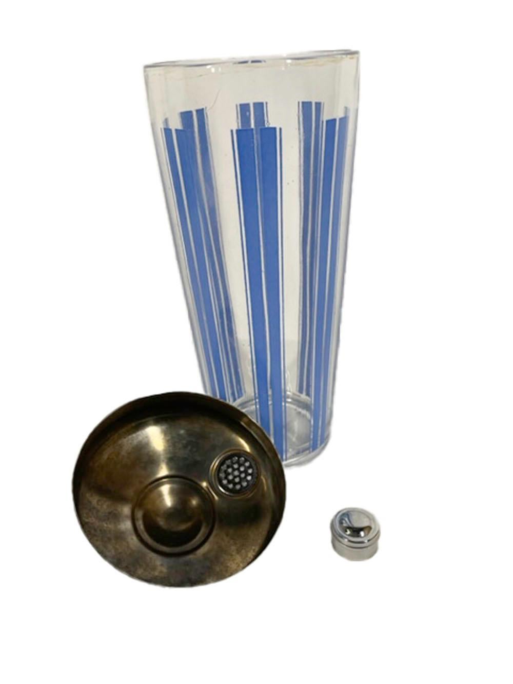 American Three Piece Art Deco Cocktail Shaker Set with Blue Enamel Vertical Lines For Sale