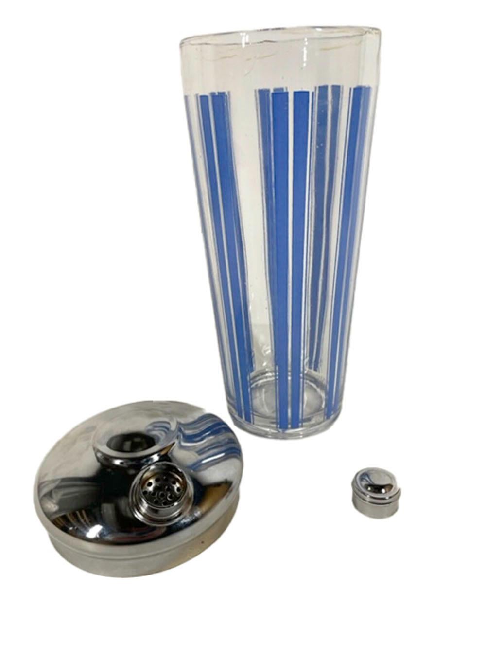Three Piece Art Deco Cocktail Shaker Set with Blue Enamel Vertical Lines In Good Condition For Sale In Nantucket, MA