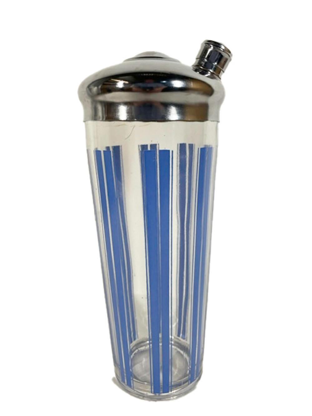 20th Century Three Piece Art Deco Cocktail Shaker Set with Blue Enamel Vertical Lines For Sale