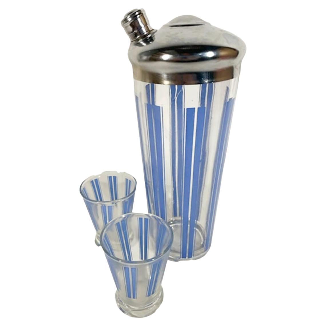 Three Piece Art Deco Cocktail Shaker Set with Blue Enamel Vertical Lines
