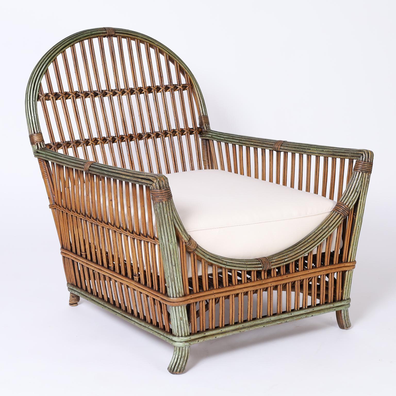 Three Piece Art Deco Rattan Sofa, Chair, and Table. Priced for All, or Each. In Good Condition In Palm Beach, FL