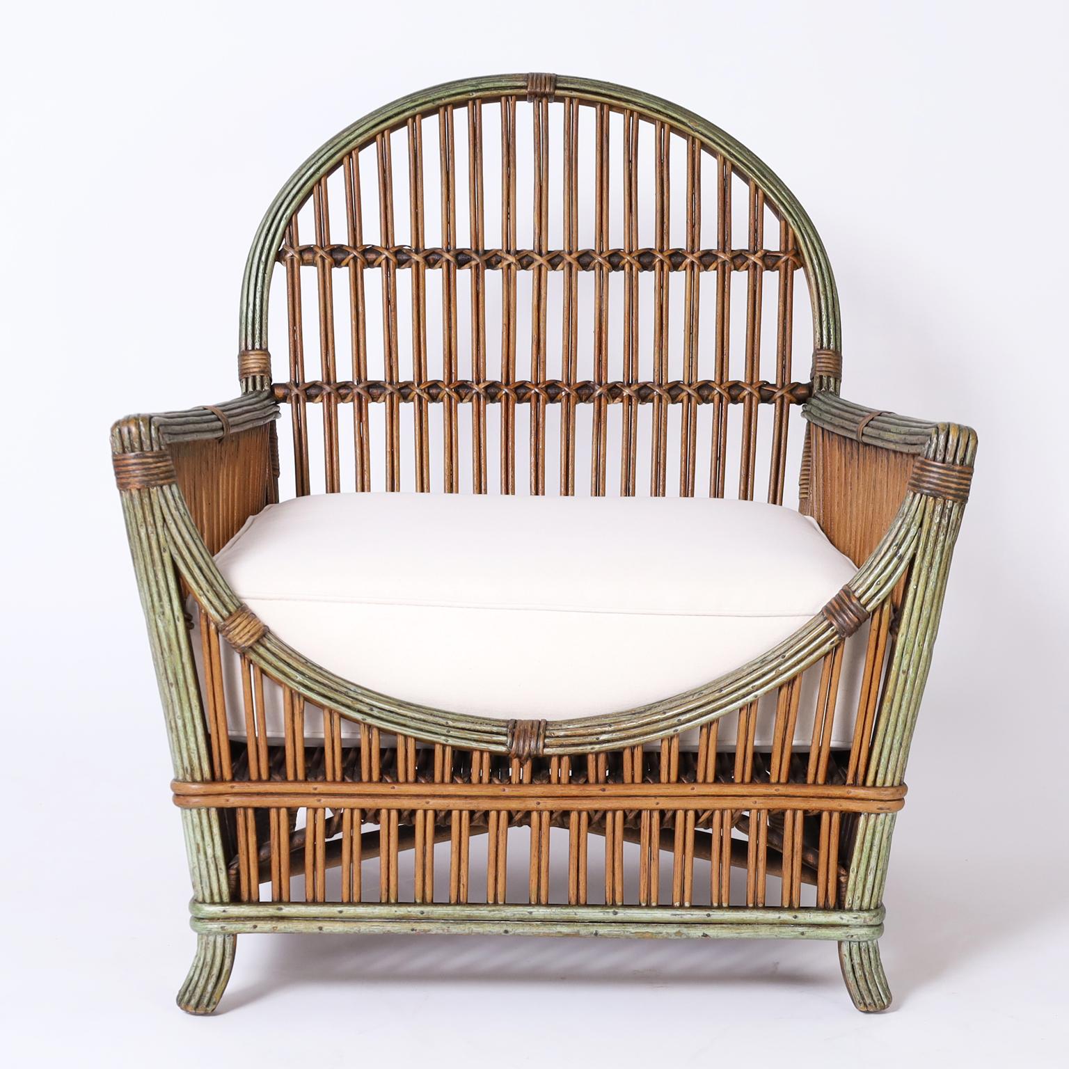 20th Century Three Piece Art Deco Rattan Sofa, Chair, and Table. Priced for All, or Each.