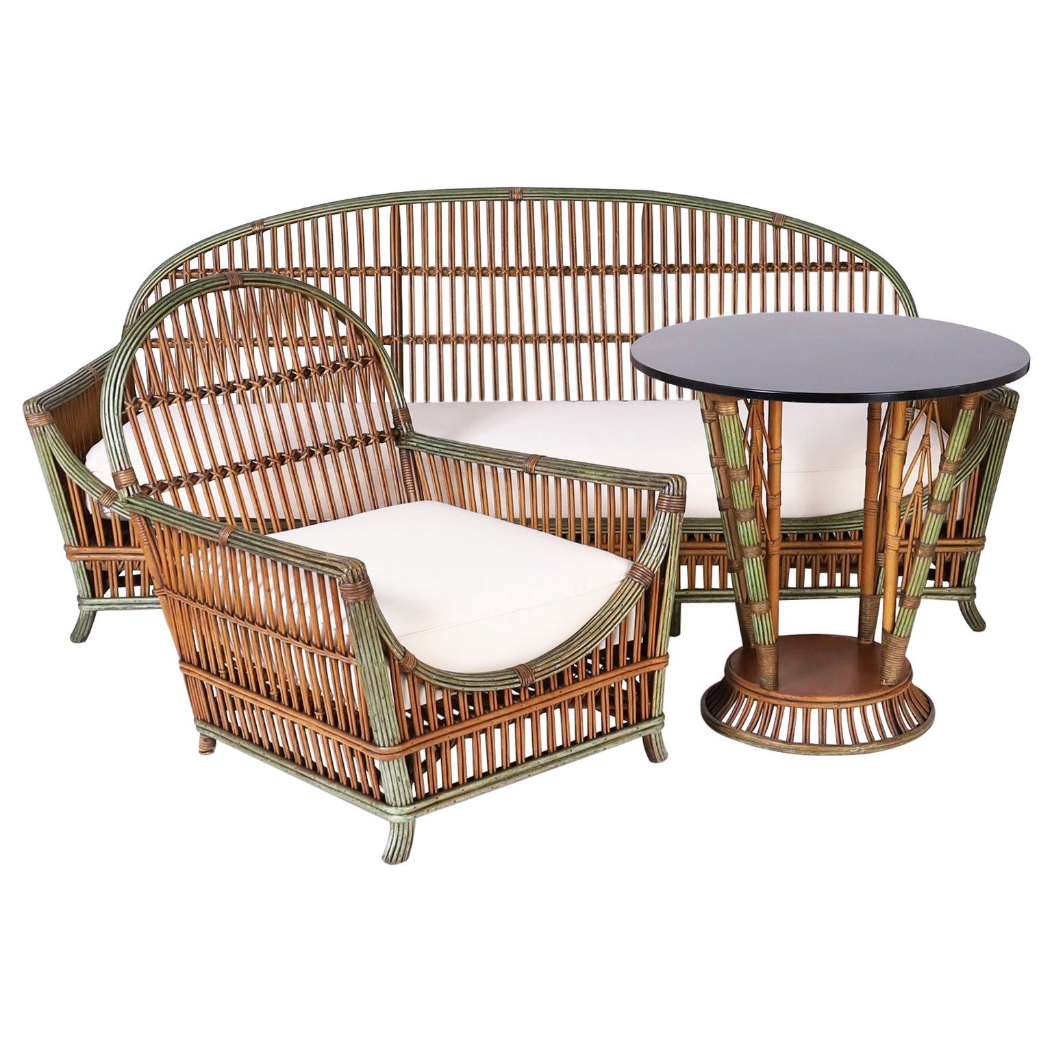 Three Piece Art Deco Rattan Sofa, Chair, and Table. Priced for All, or Each.