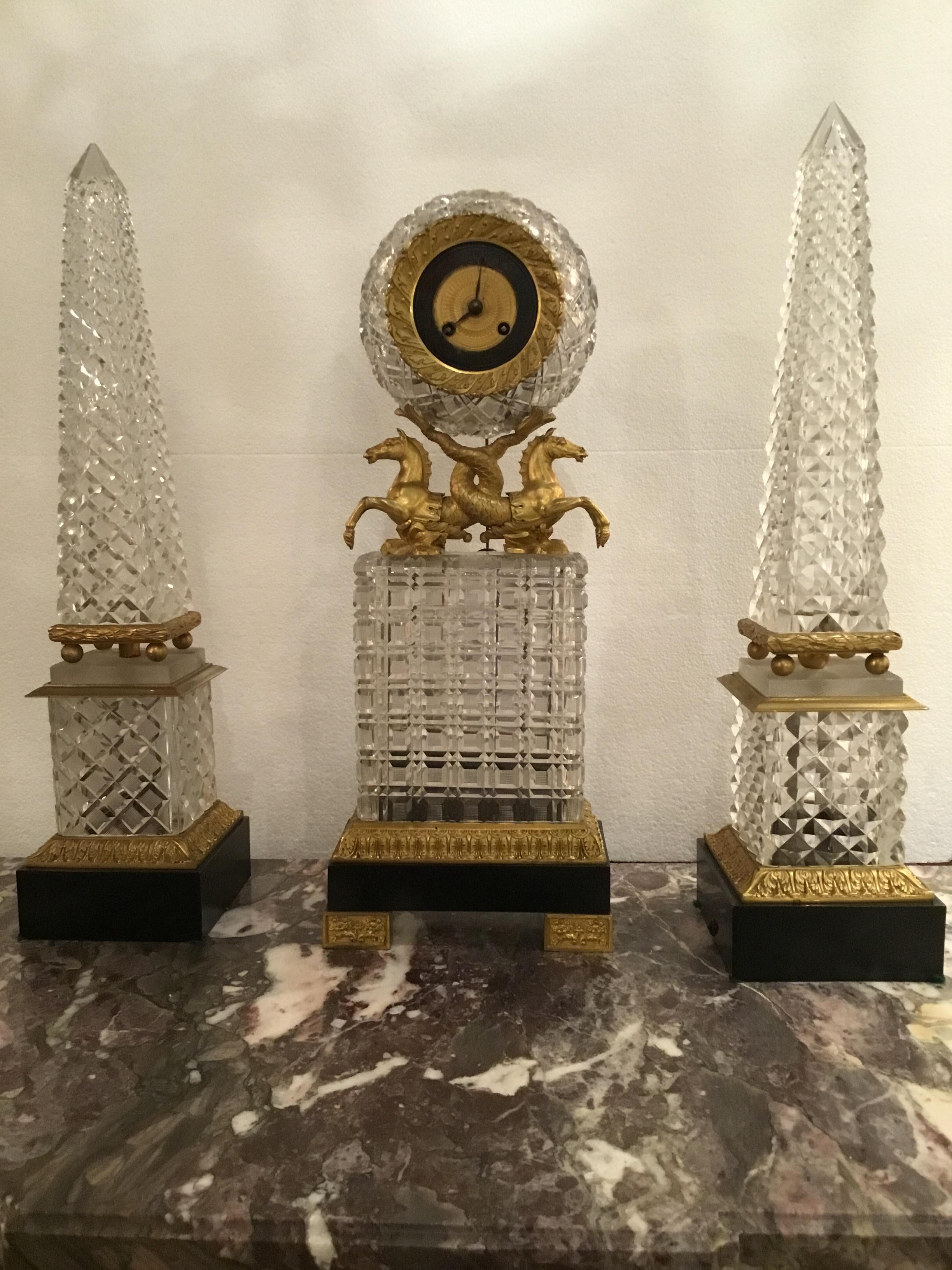 Three-Piece Crystal and Bronze Dore Clock with Sea Horses and Obelisks For Sale 4