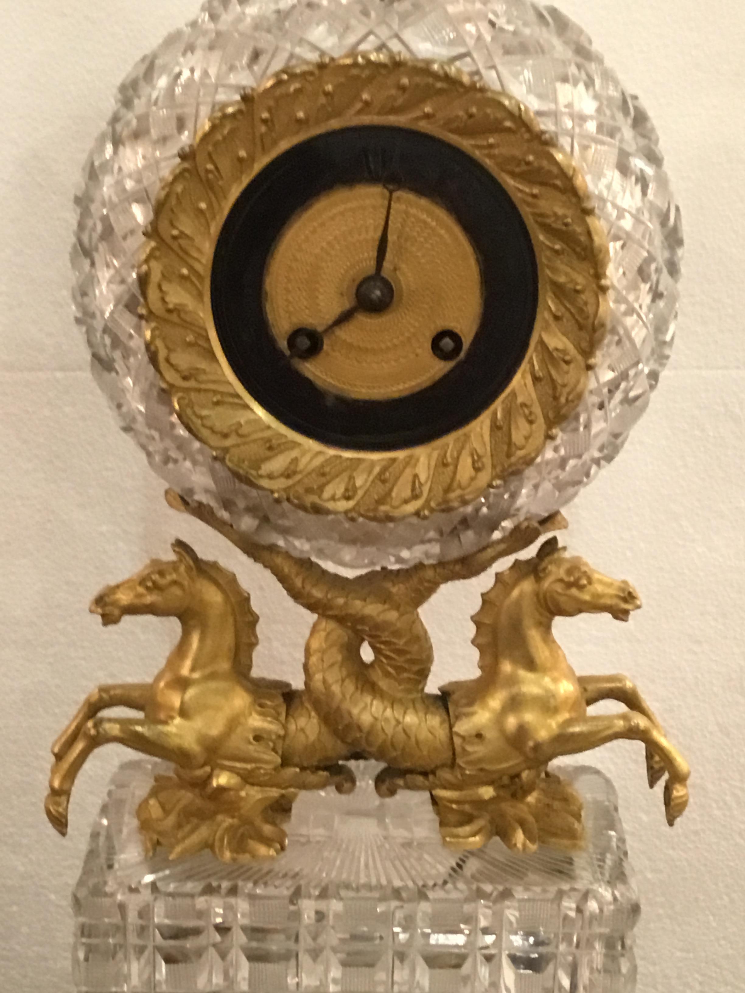 Three-Piece Crystal and Bronze Dore Clock with Sea Horses and Obelisks In Good Condition For Sale In Houston, TX